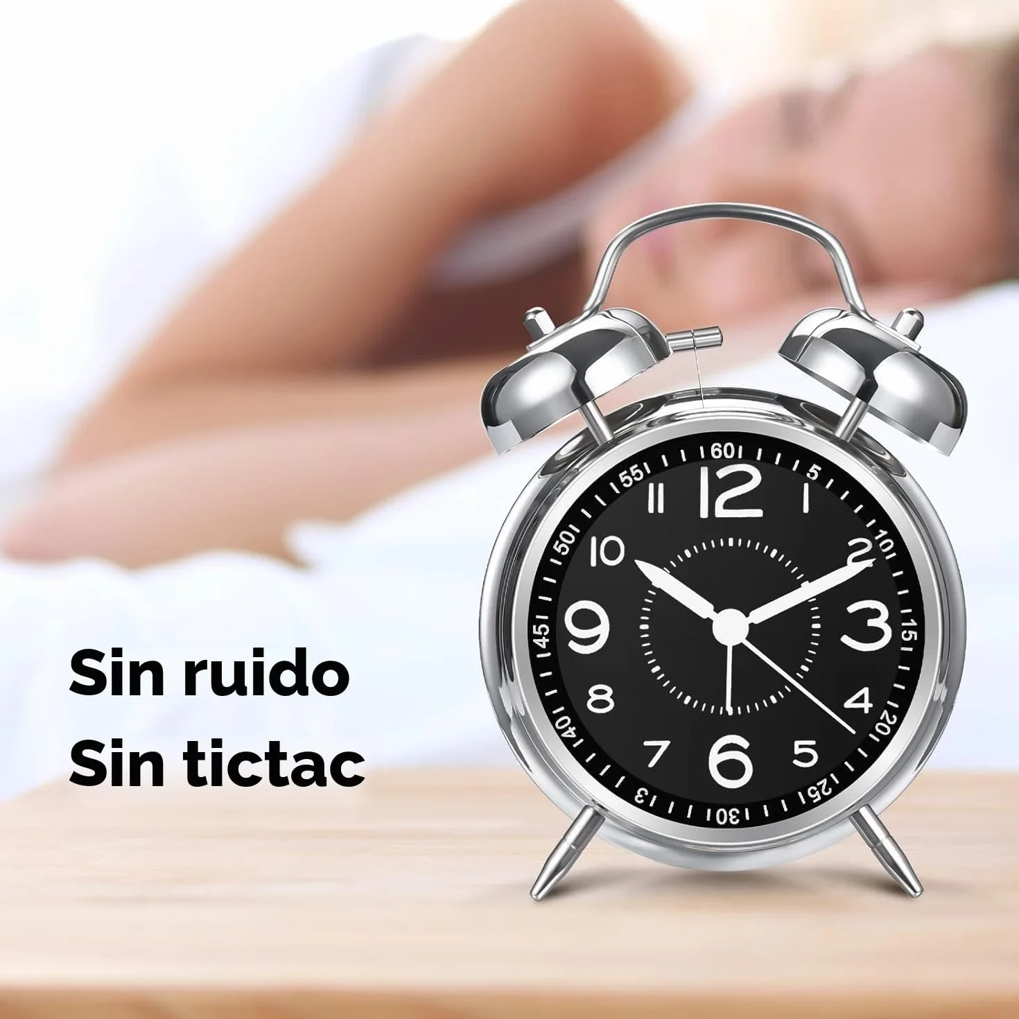 Reloj despertador fuerte metal 10,2 cm doble campanilla a pilas silencioso plateado