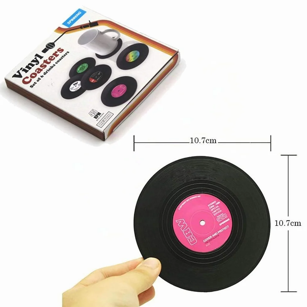 Zhezhe 6 posavasos retro de vinilo LP, mate, antideslizante para taza