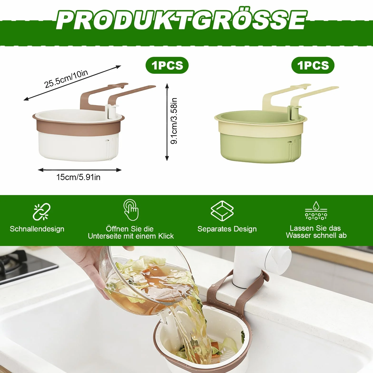 Cesta Colador para Fregadero con Botón de Presión, Escurridor de Cocina, 2 Piezas