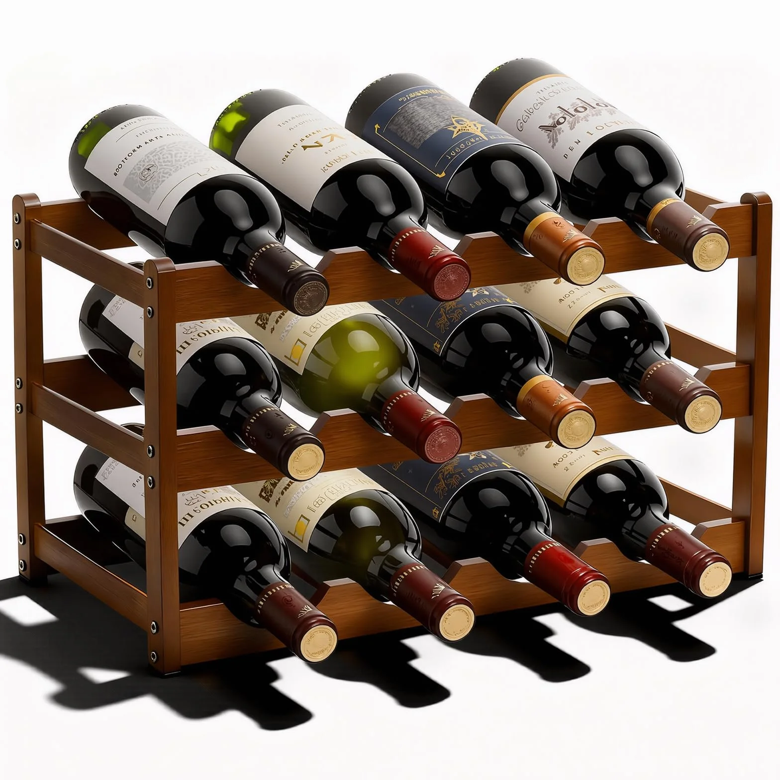 Fentar Vinoteca 12 Botellas, Botellero Vino de 3 Niveles, Botellero Apilable Estable, Botelleros Madera Estrechos para Cocina Bar Cellar (43 x 23,5 x 25cm)
