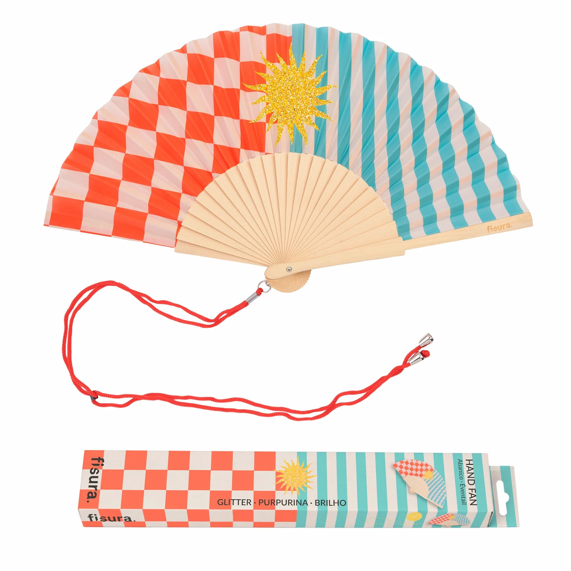 Fisura – Abanico Original con Estampado de Sol Abanico de Madera Moderno y Colorido. Ventilador de Mano de Purpurina Multicolor Colgador Incluido. Idea de Regalo Divertida. 42,5 x 23 cm