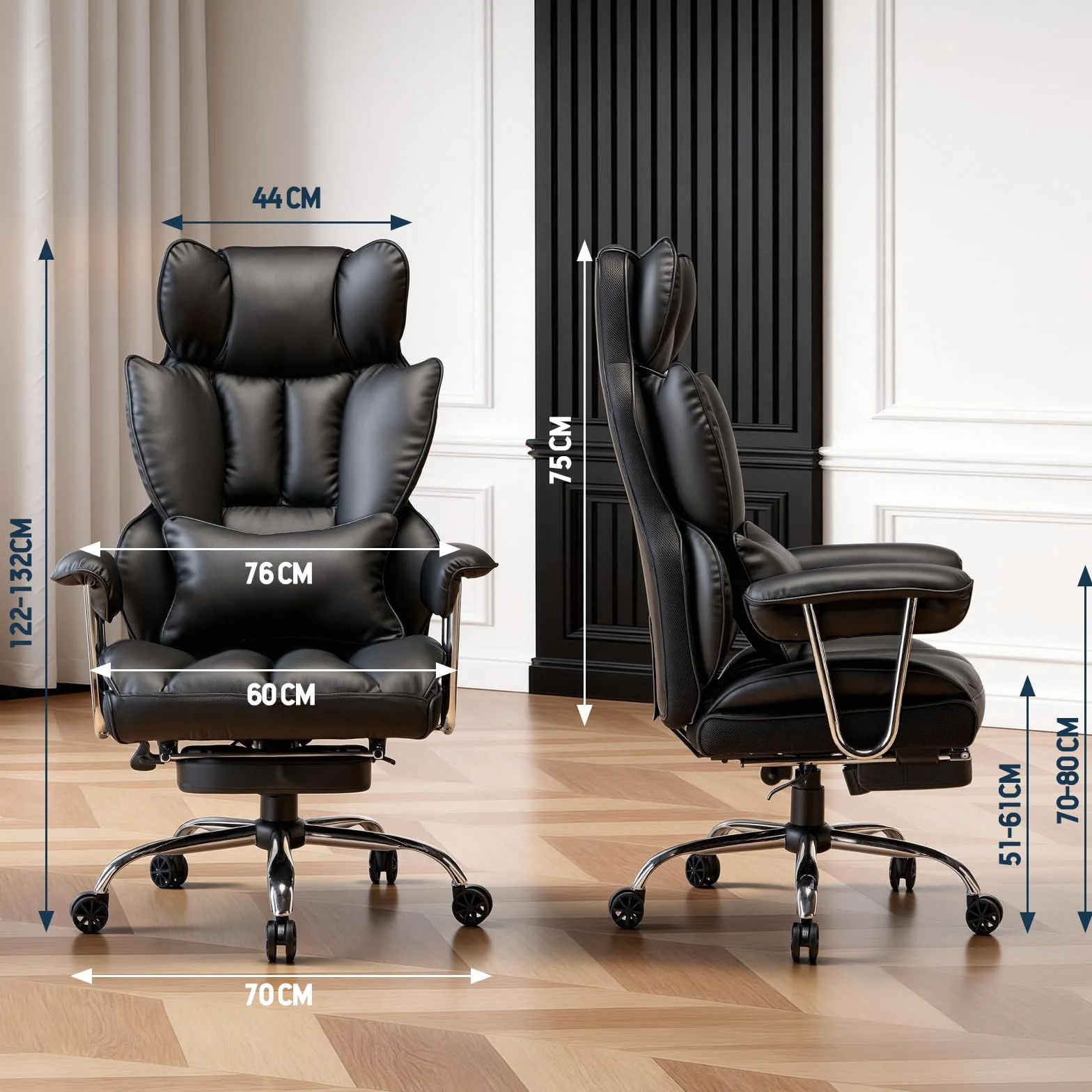 Efomao Silla de Oficina de Escritorio, Silla de Oficina de Piel sintética de Gran Respaldo, Silla giratoria con reposapiés y Soporte Lumbar, Negro