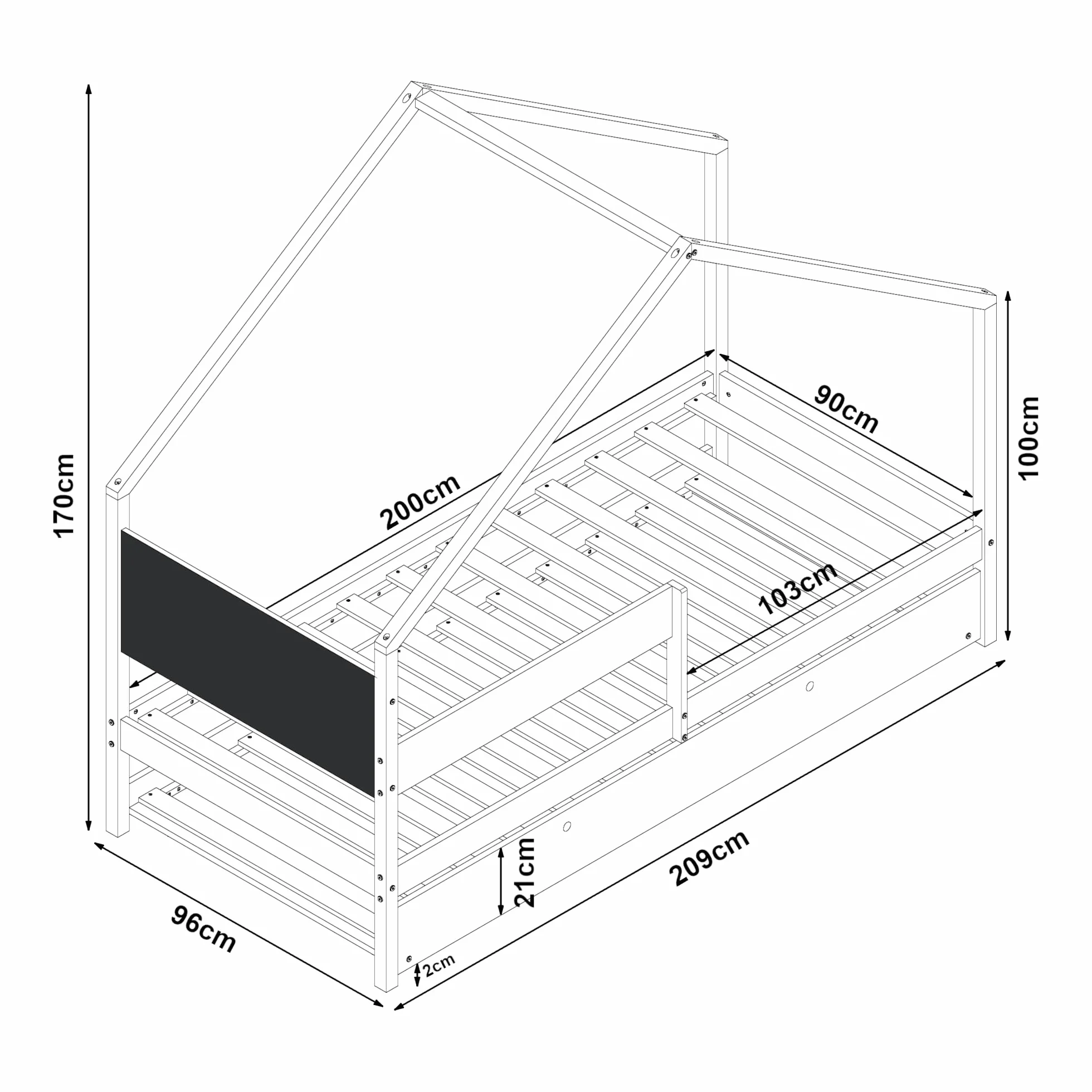 [en.casa] Cama Nido para Niños Niñas Estilo Montessori Cama Infantil con Cajón/Cama Extraíble Barandilla y Somier Forma de Casa máx. 100 kg/Cama Madera de Pino 90 x 200 cm - Natural/Negro