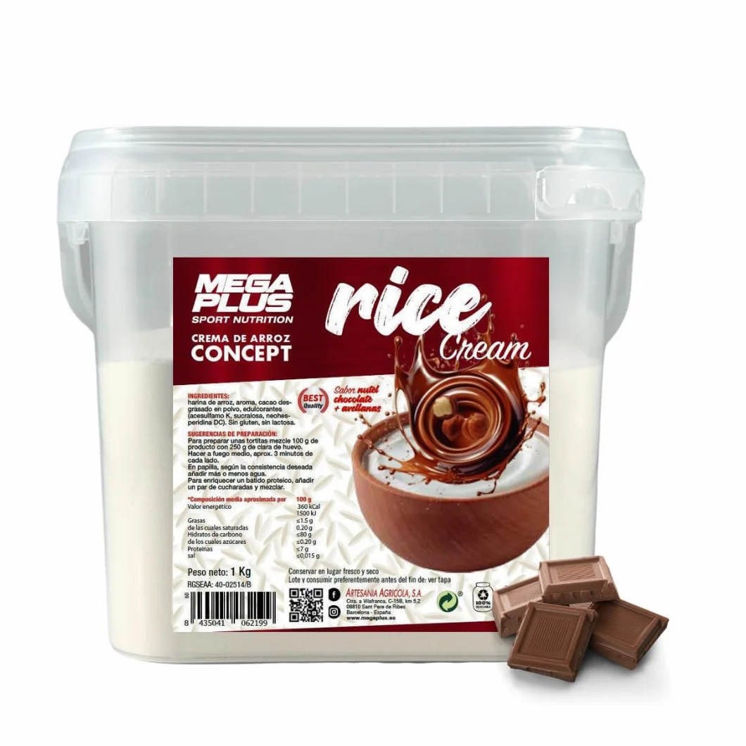 Crema de Arroz Mega Plus Concept 1 kg Sin Azúcares Añadidos Sin Gluten Sin Lactosa Alto en Carbohidratos Choco Nutella