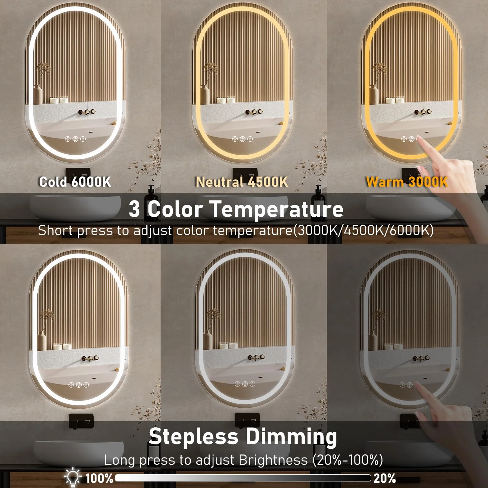 Ratsamee Bluetooth Espejo de Baño Ovalado con Luz 50x80cm, Espejos de Baño con LED con Antivaho, Regulable, 3 Colores Luz, Función Memoria