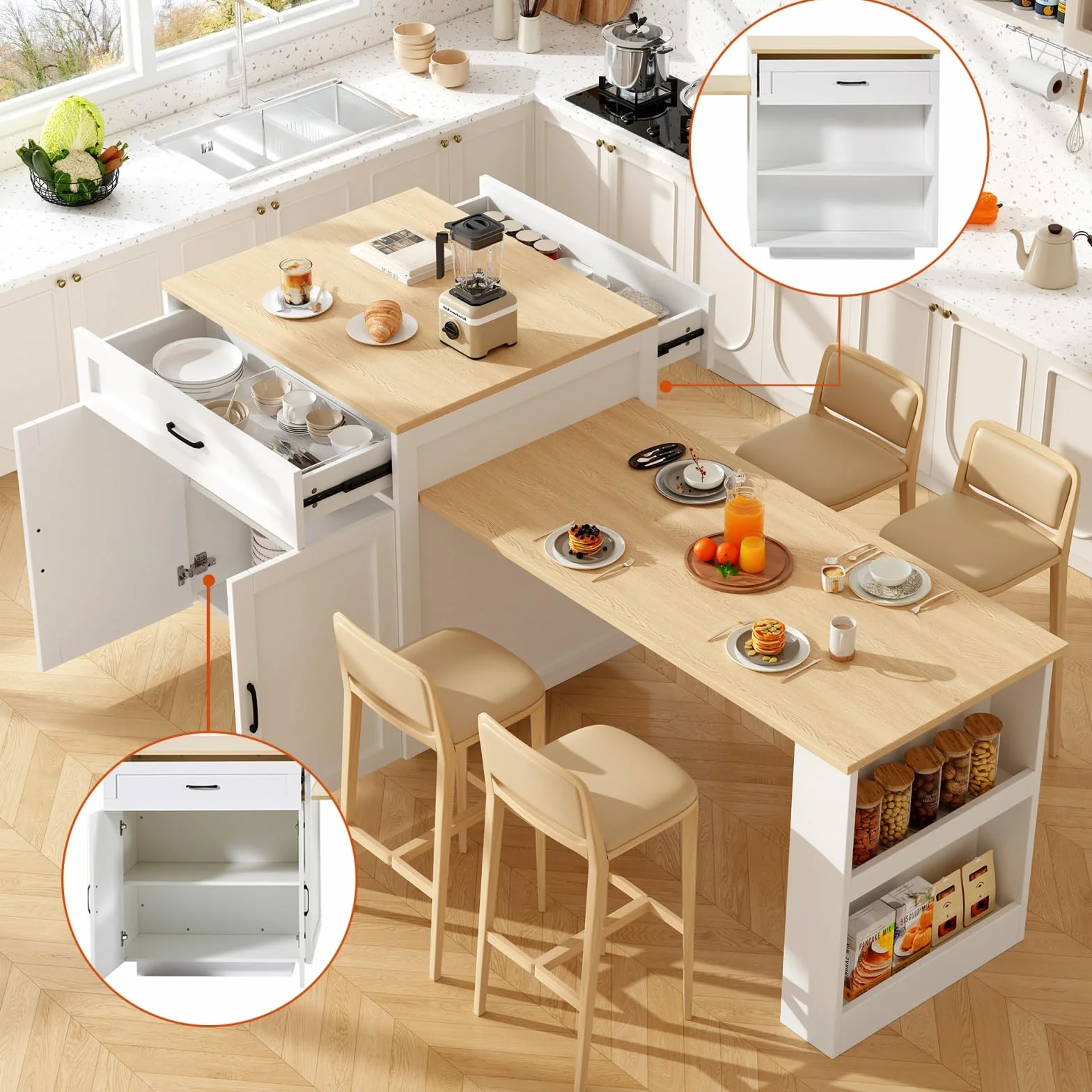 YEHTOKHOME Isla Central Cocina con ruedas y almacenamiento, mesa de comedor extensible 133-202 cm, aparador cocina con 2 cajones, estantes laterales, mesa de bar (blanco-2)