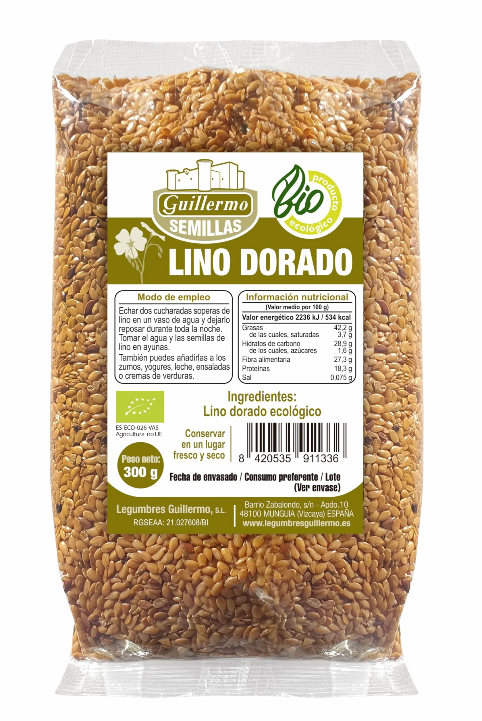 Semillas de lino dorado BIO 300 g Ecológicas Omega-3 Fibra Reducción Colesterol