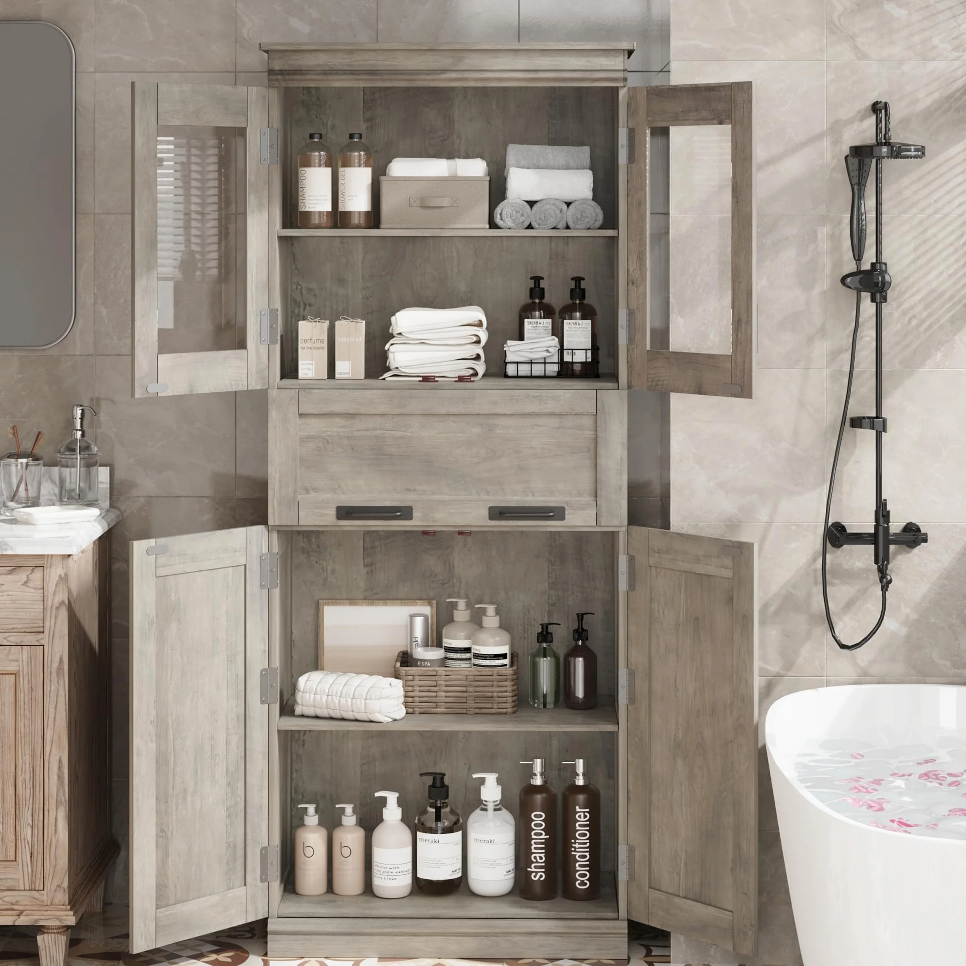 Armario de Baño Estilo Clásico Antiguo, Premium Ancho, Gran Almacenamiento, Ideal para Cocina, Baño y Salón. Estructura de Madera Maciza. 60 × 30 × 170 cm, Color Gris