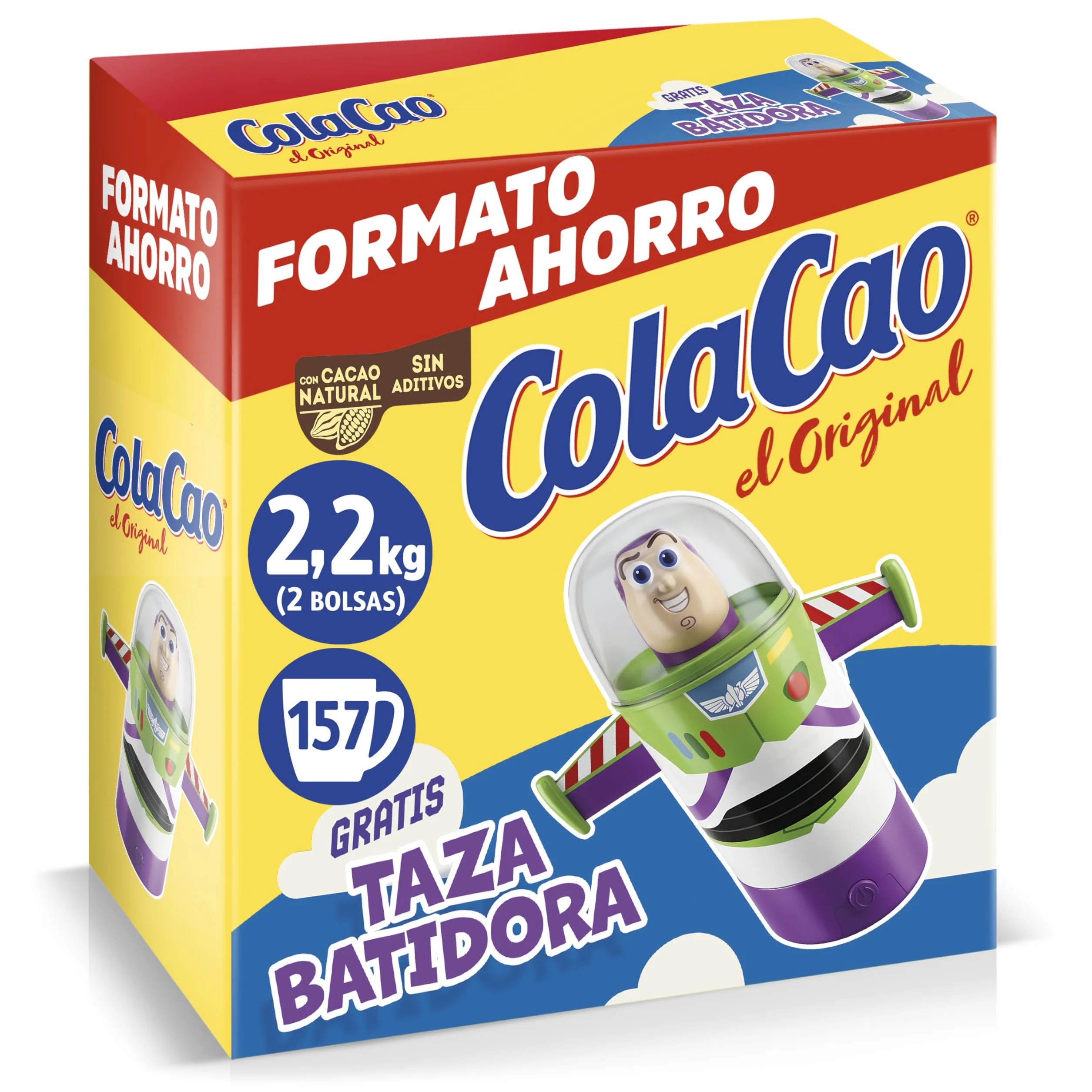 ColaCao Original Cacao Soluble Natural sin Aditivos en Polvo 2,2 kg Formato Ahorro con Taza Batidora Buzz Lightyear Toy Story