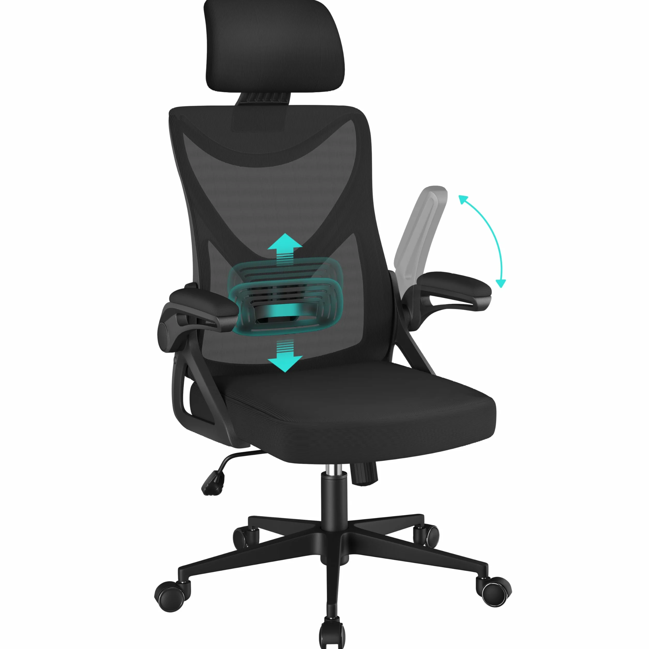Yaheetech Silla de Oficina Ergonomica con Soporte Lumbar Ajustable Base Giratoria 70 cm Transpirable Negro