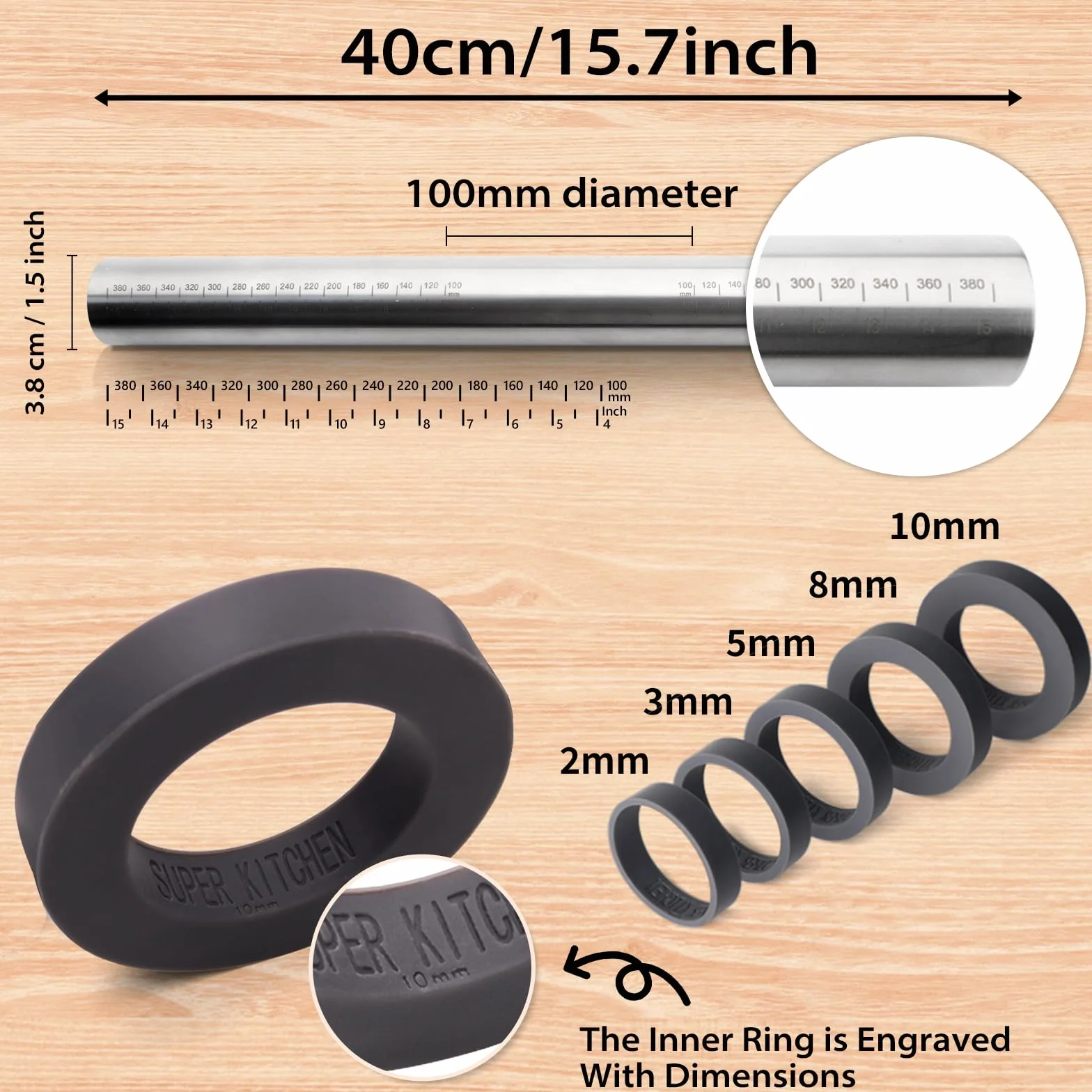 Rodillo Amasar Acero Inoxidable con 5 Discos Ajustables Anillo Grosor, Accesorios Horneado Fondant Pastelería Pizza Pastas 40 cm