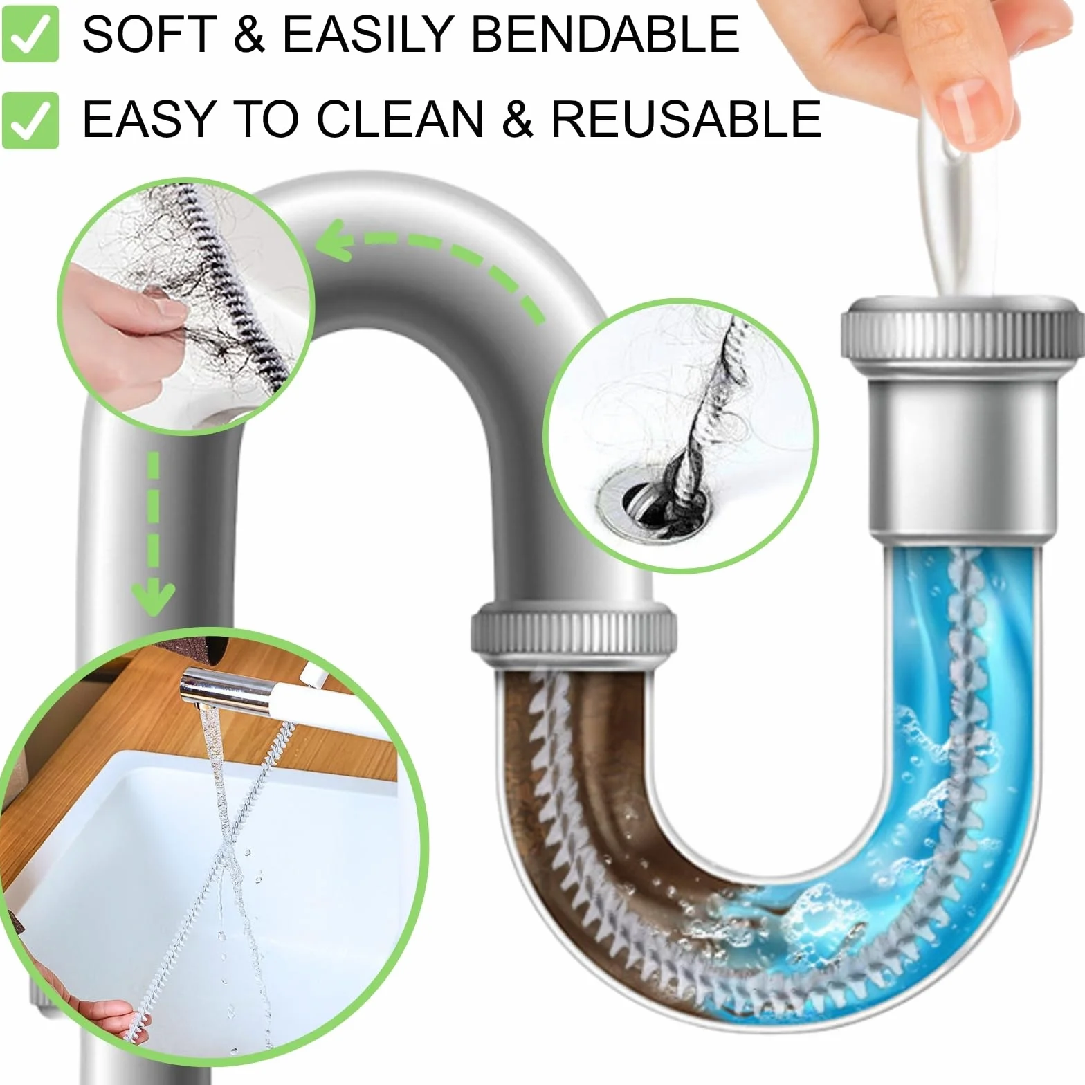 KEYRI 3 Piezas Cepillo de Limpieza para Desagüe, Flexible 45cm Cepillo de Limpieza de Tuberías, Herramienta de Drenaje para Eliminar Pelos y Desatascar, para la Limpieza de Baño Cocina (3 Piezas)