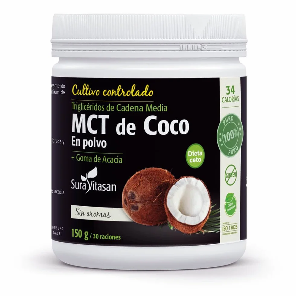 SURA VITASAN MCT de Coco en Polvo 70% Triglicéridos de Cadena Media C8 y C10 con Goma de Acacia Suplemento Keto
