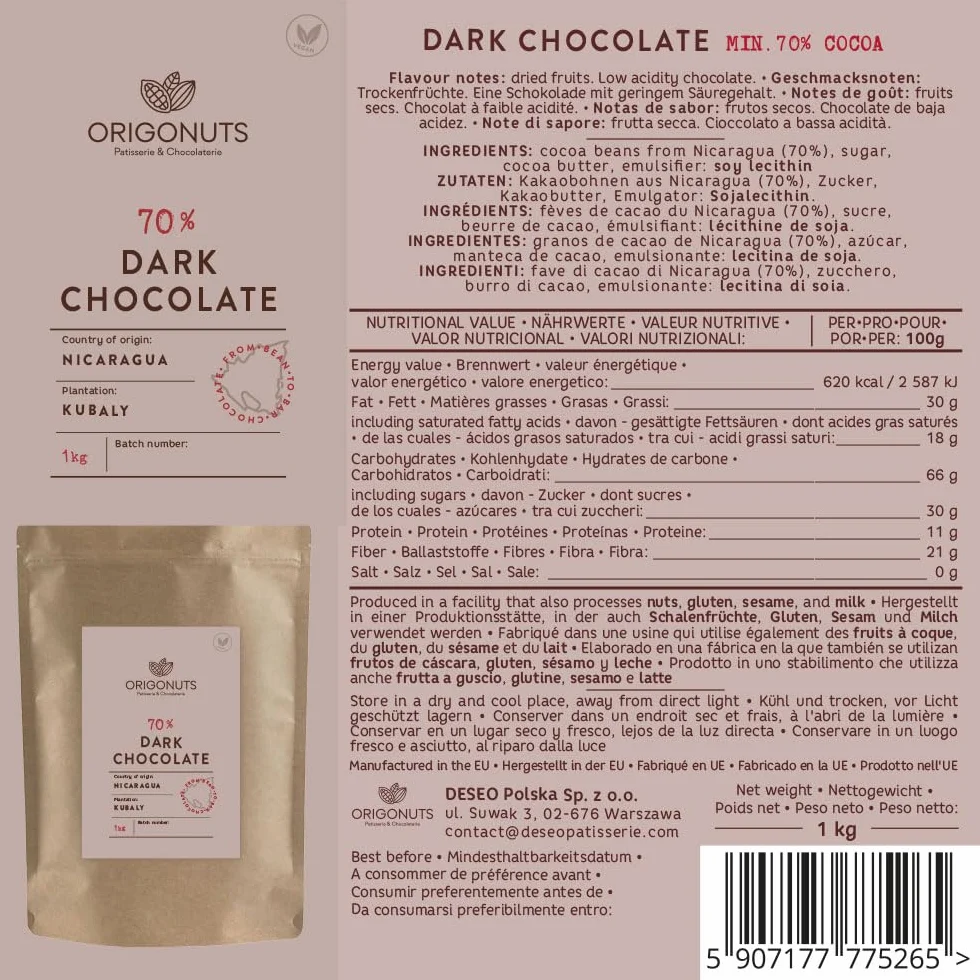 ORIGONUTS Pepitas de chocolate 70% chocolate negro Nicaragua 1kg para fundir