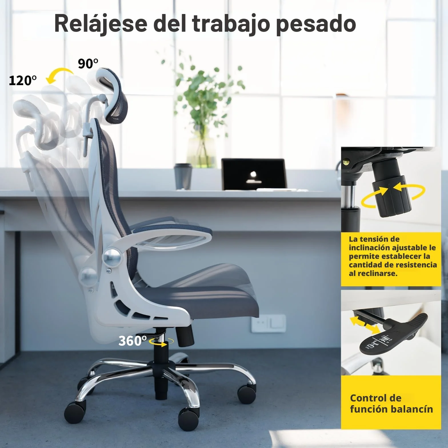 Silla Ergonómica de Oficina con Respaldo Plegable, Reposabrazos, Reposacabezas 2D y Soporte Lumbar, Giratoria Ejecutiva, Blanca