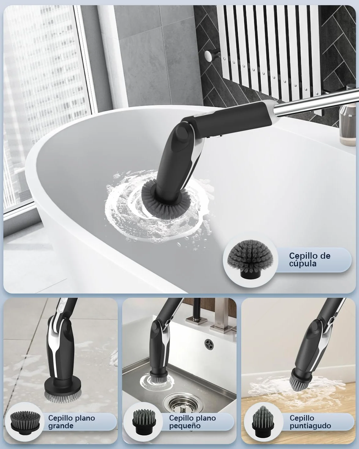 Leebein Cepillo Eléctrico Limpieza Hogar, Fregadora Giratoria Eléctrica con 8 Cepillo Reemplazables, Control Remoto, 2 Velocidades de Rotación y Mango Ajustable 38-132CM para Baño/Cocina/Coche