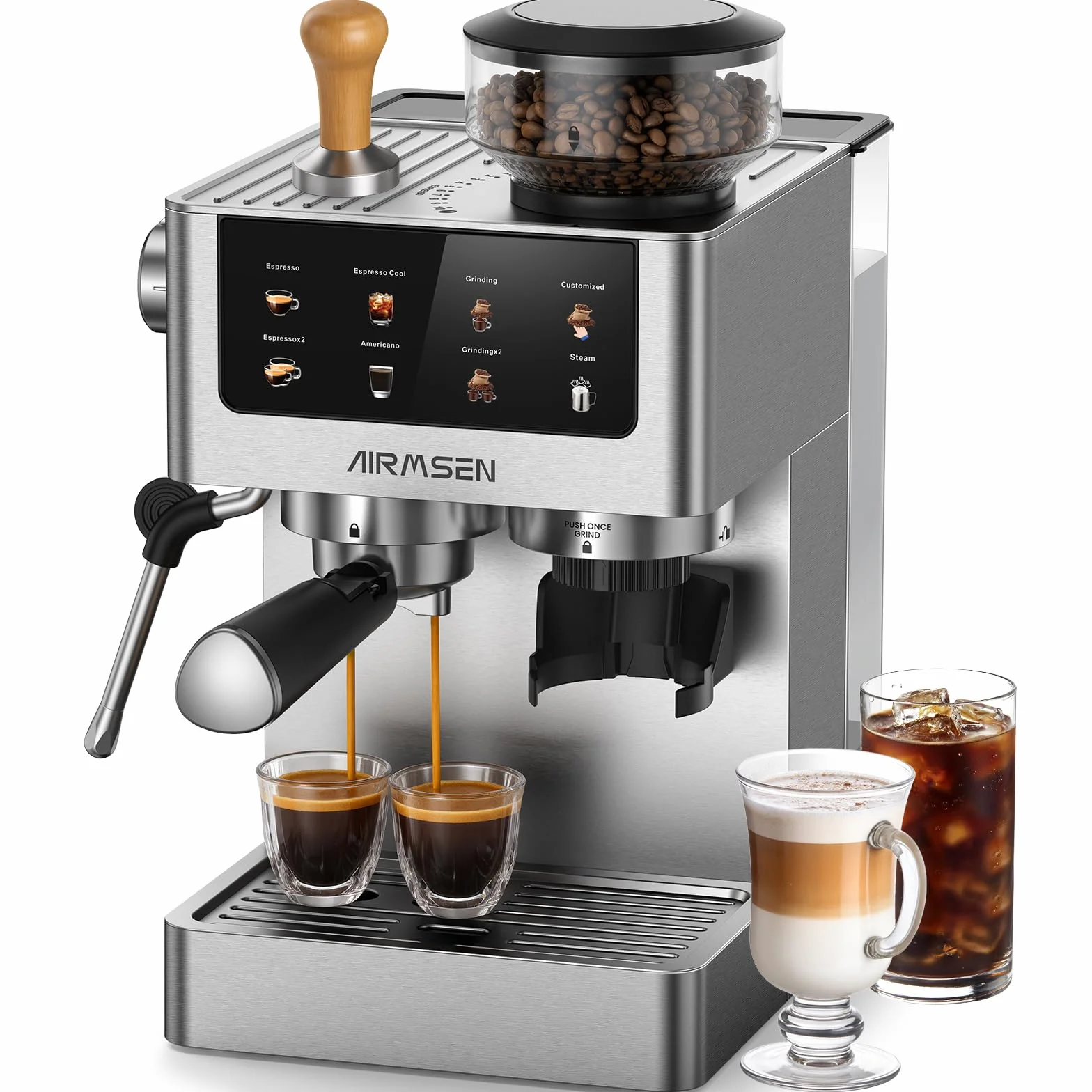 AIRMSEN 20 Bar Cafetera de Café Espresso con Molinillo Cónico y Vaporizador de Leche, Programable, Pantalla Táctil, Fabricada en Acero Inoxidable, 1.8L - Café Cold Brew y Americano, Espresso y Leche