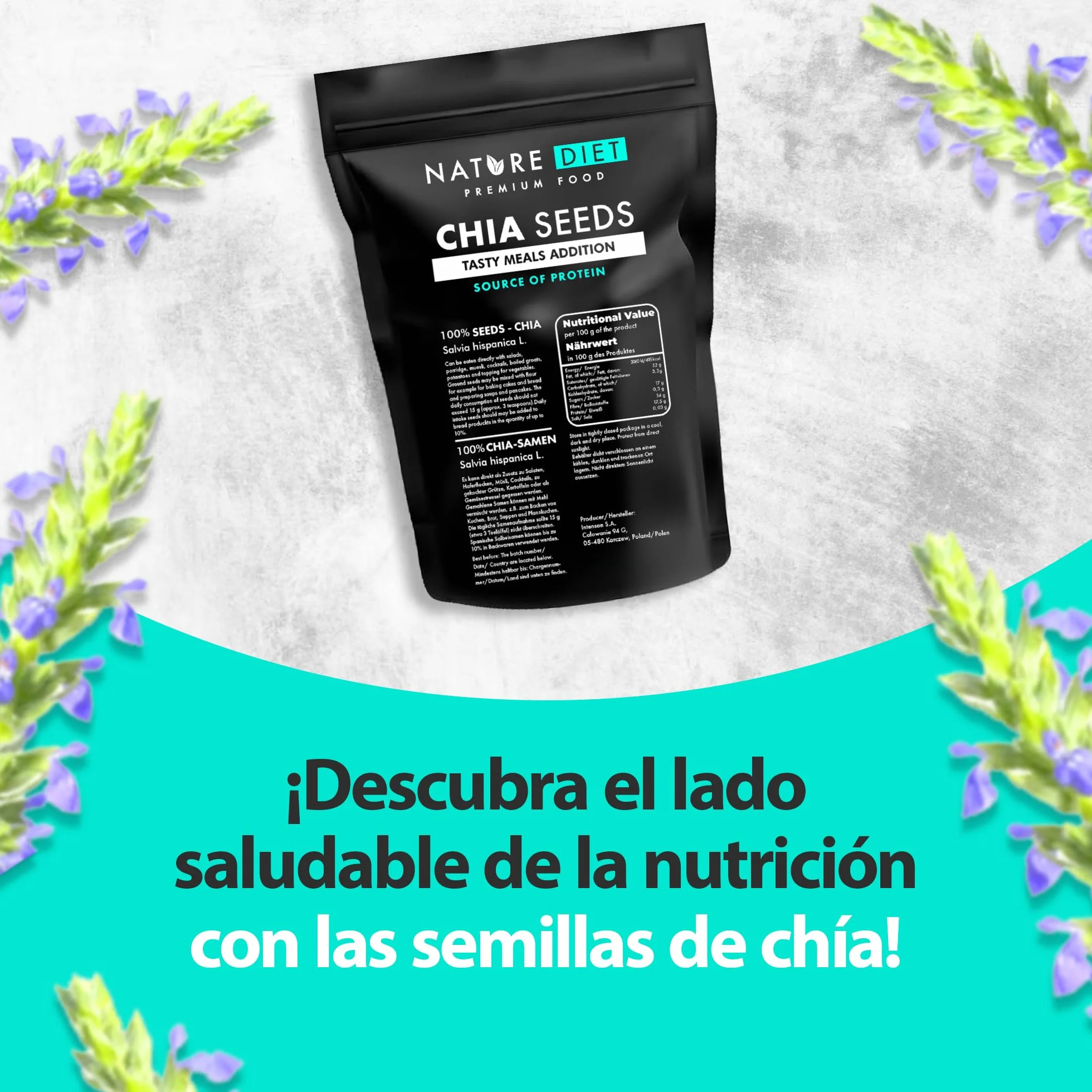 Semillas de chía Nature Diet 2x 1000 g Salvia Hispanica Alto en Omega-3 Fuente de fibra