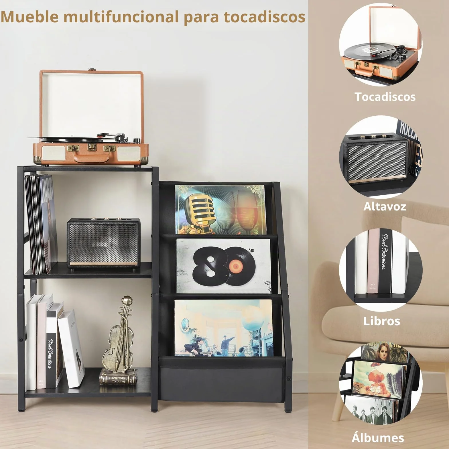 Bikoney Soporte para Tocadiscos de Vinilo, Mesa Auxiliar 3 Niveles con Almacenamiento para 200 Álbumes, Estante de Discos Vinilo para Sala de Estar, Negro