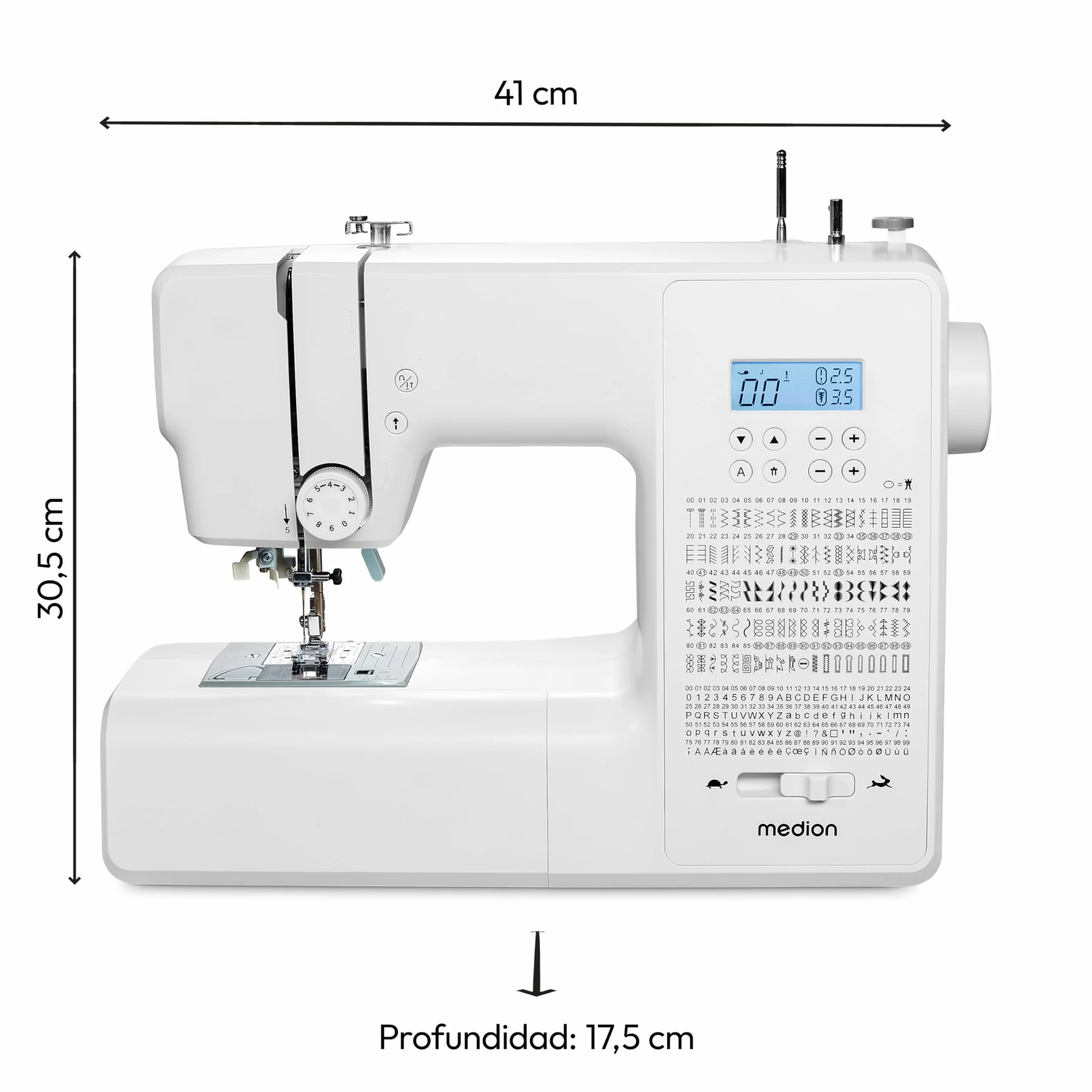Máquina de coser digital MEDION SD36 (36 vatios, longitud y anchura de puntada ajustables, 270 patrones de puntada, luz de costura LED, enhebrador automático, botón de marcha atrás, cortador de hilo