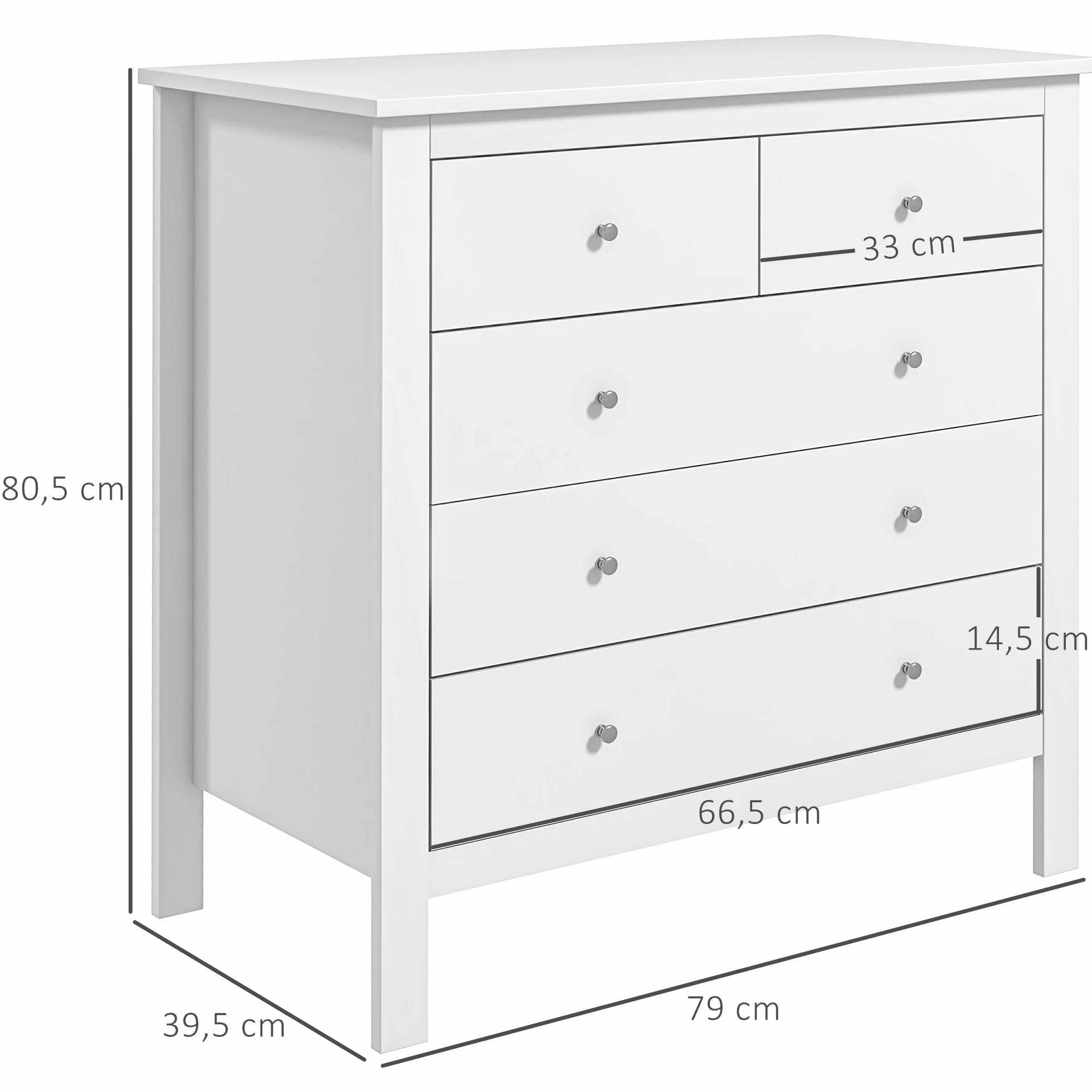 HOMCOM Cómoda con 5 Cajones, Cómoda Dormitorio con Patas Elevadas, Cajonera para Salón, Oficina, Estilo Moderno, 79x39,5x80,5 cm, Blanco