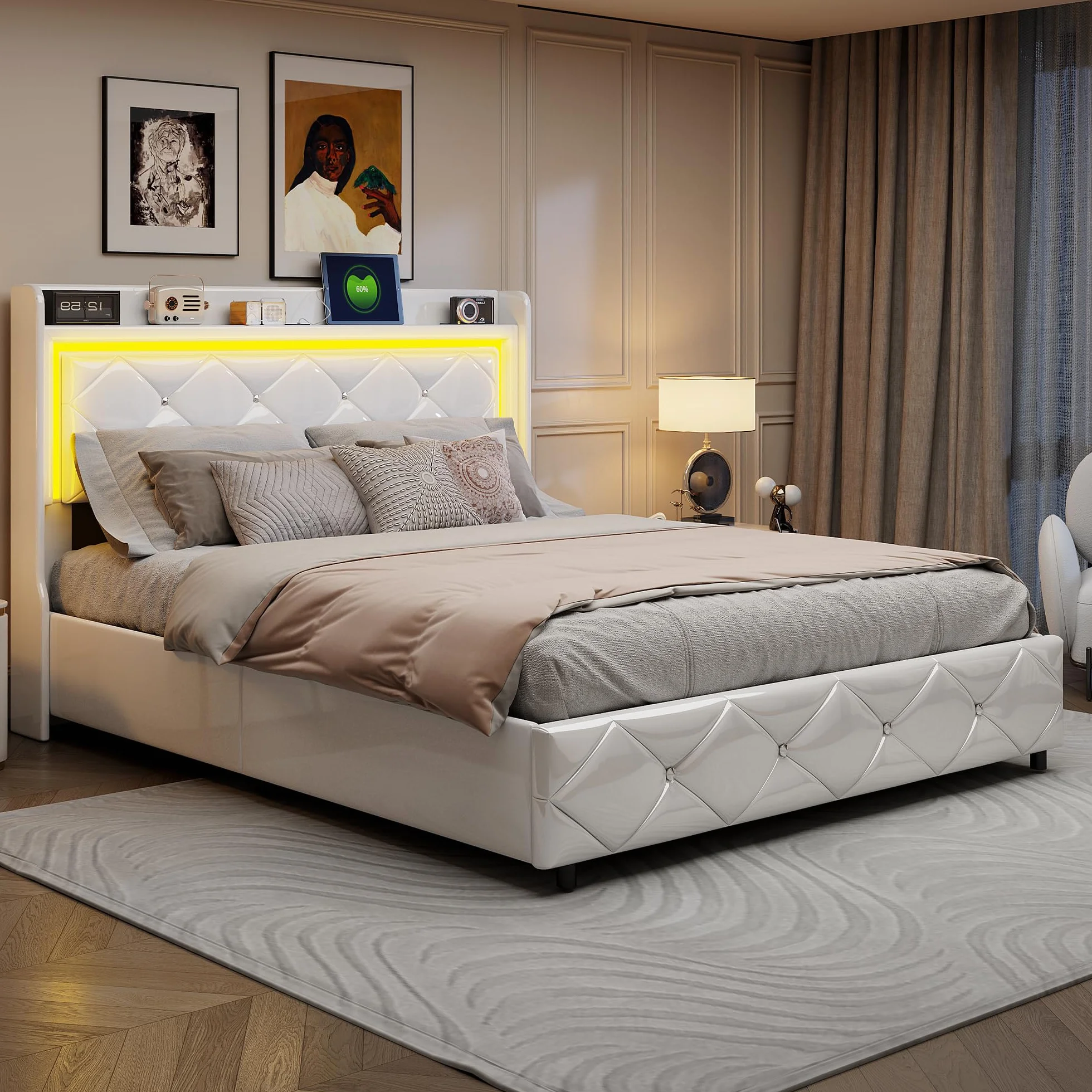 BRILVERDE Cama tapizada 140x200 cm, Cama Doble con iluminación LED, cabecero con Compartimentos de Almacenamiento y función de Carga USB, Base con somier, Cama de Dormitorio, PU, ​​Blanco