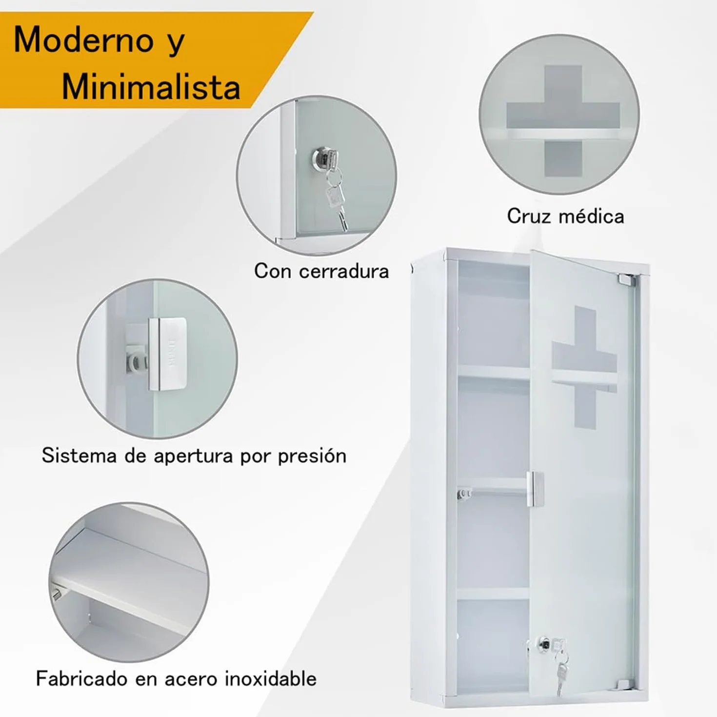 Botiquín de Primeros Auxilios de Acero Inoxidable para Pared con Cerradura y Estantes Blanco 57x27