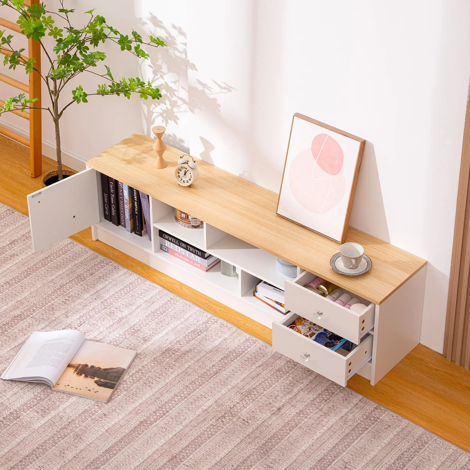 SHARPDO Mueble TV 160 cm Blanco y Madera, Mueble Bajo de Salón con 2 Cajones, 1 Puerta y 4 Compartimentos, Mesa TV Moderna para Salón y Dormitorio