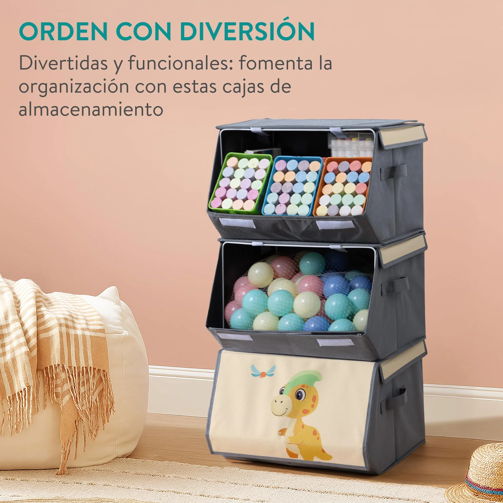 Navaris Organizador Juguetes Infantil - 3x Caja Almacenaje Juguetes Infantil 38 x 35 x 25 cm - Cajas Apilables Dinosaurios para Cuarto de Juegos y Habitación de Niños