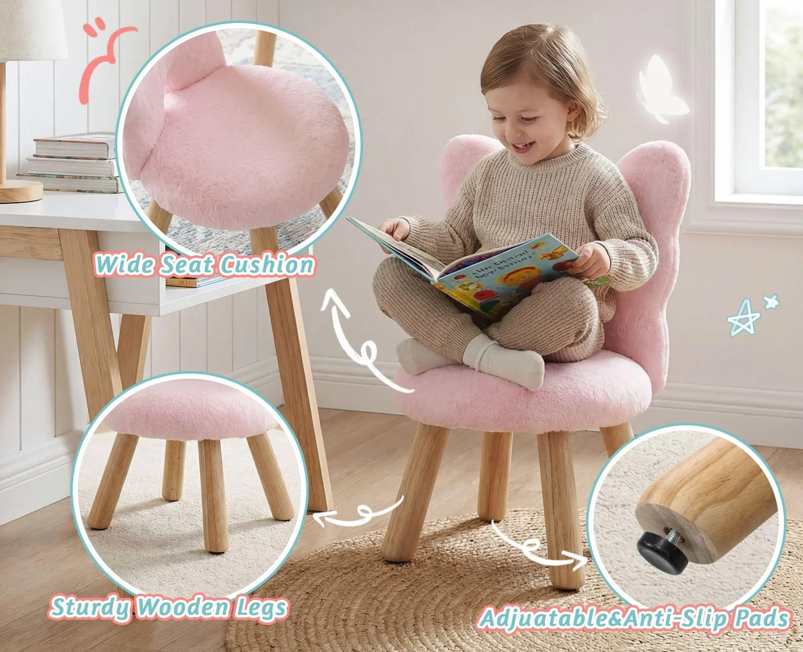 chairus Silla Infantil con Respaldo en Forma de Mariposa, Sillón Infantil de Pelo Sintético Silla para Niñas con Patas de Madera, Rosa