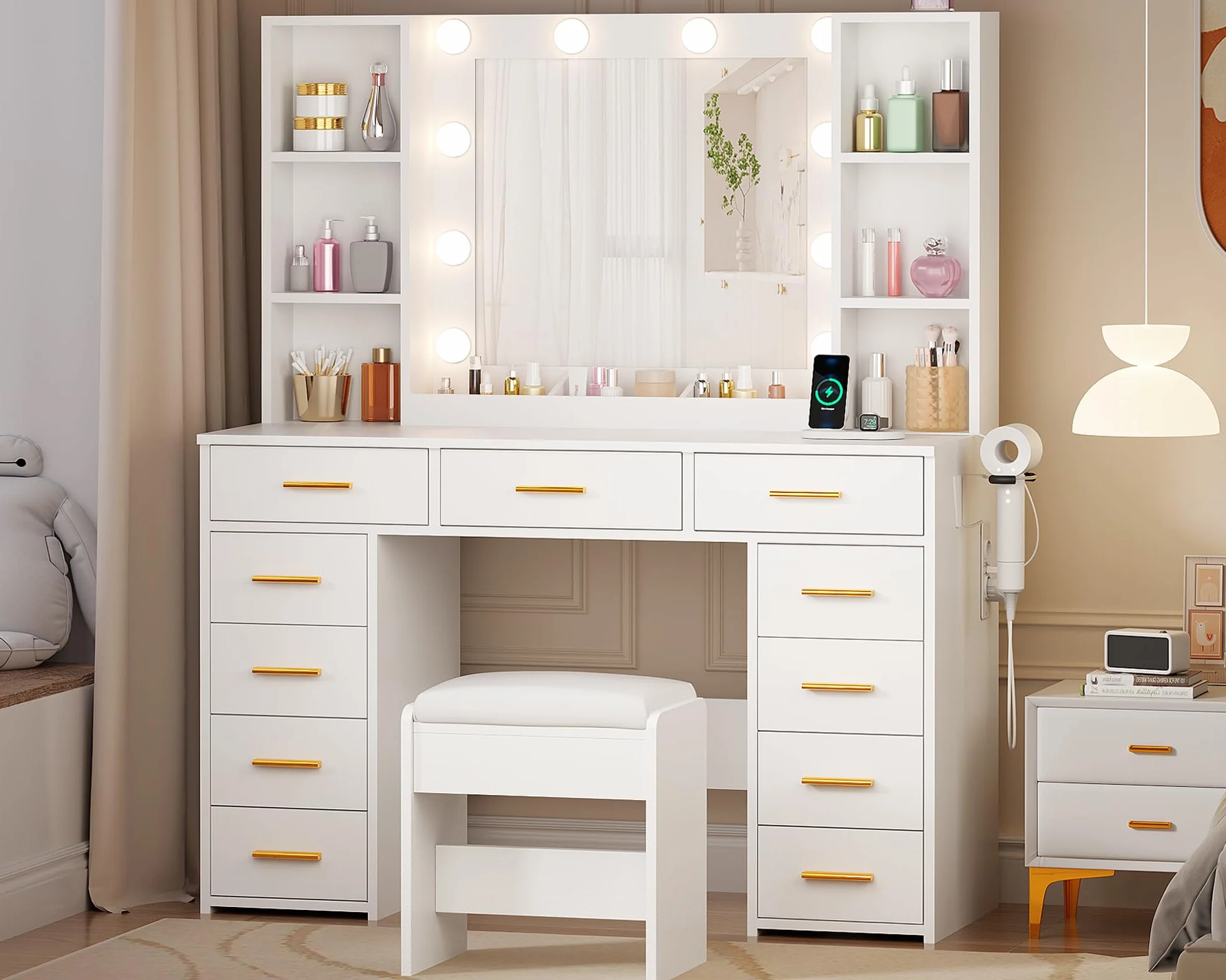 ANWBROAD Tocador de Maquillaje Grande con Luz LED y Enchufes 140x110x40cm BDT86W