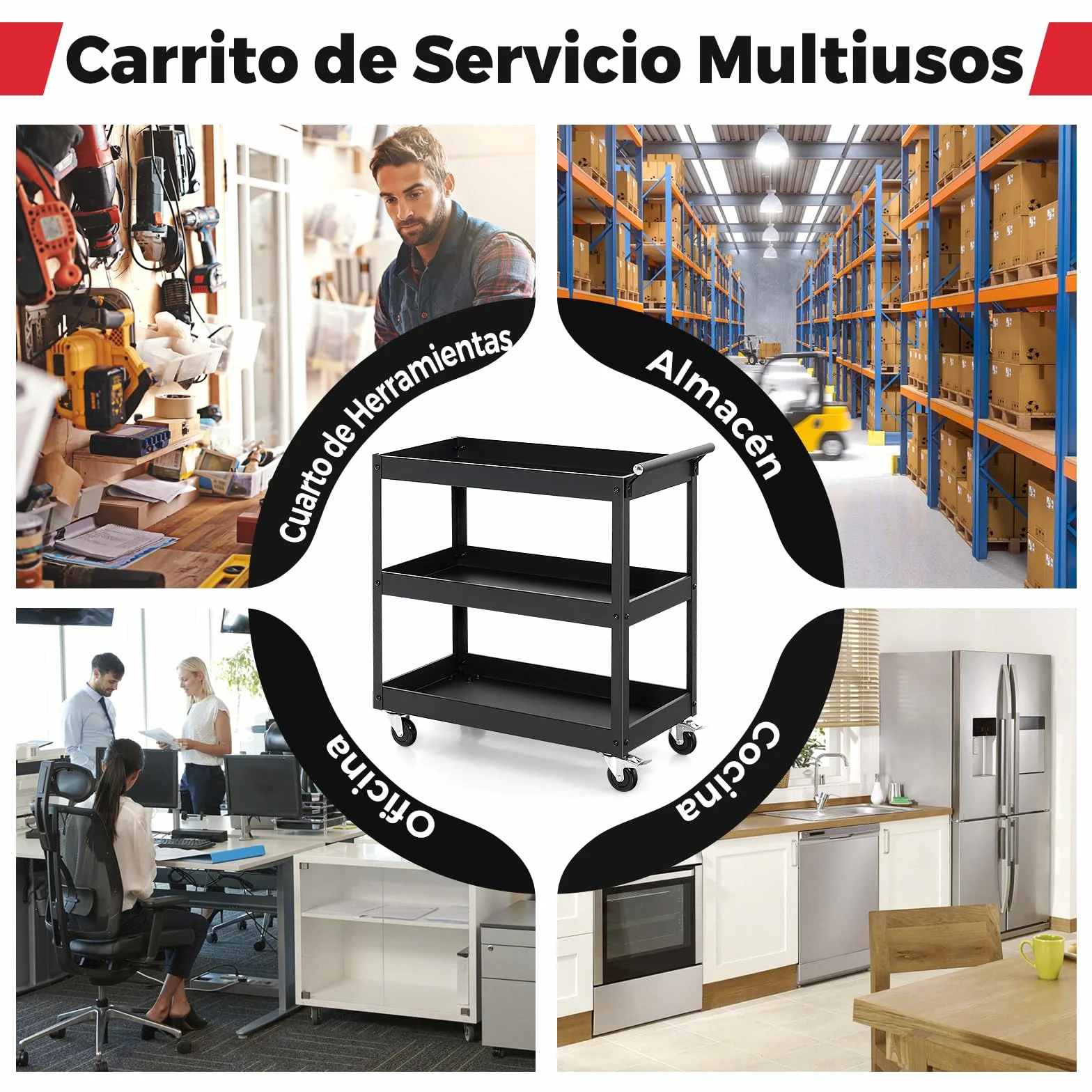 GOPLUS Carrito de Utilidad de 3 Niveles, Carro de Herramientas Organizador con 4 Ruedas Universales y Mango Lateral Toallero, Carrito de Servicio Rodante para Garaje, Baño, Almacén, Negro (Negro)