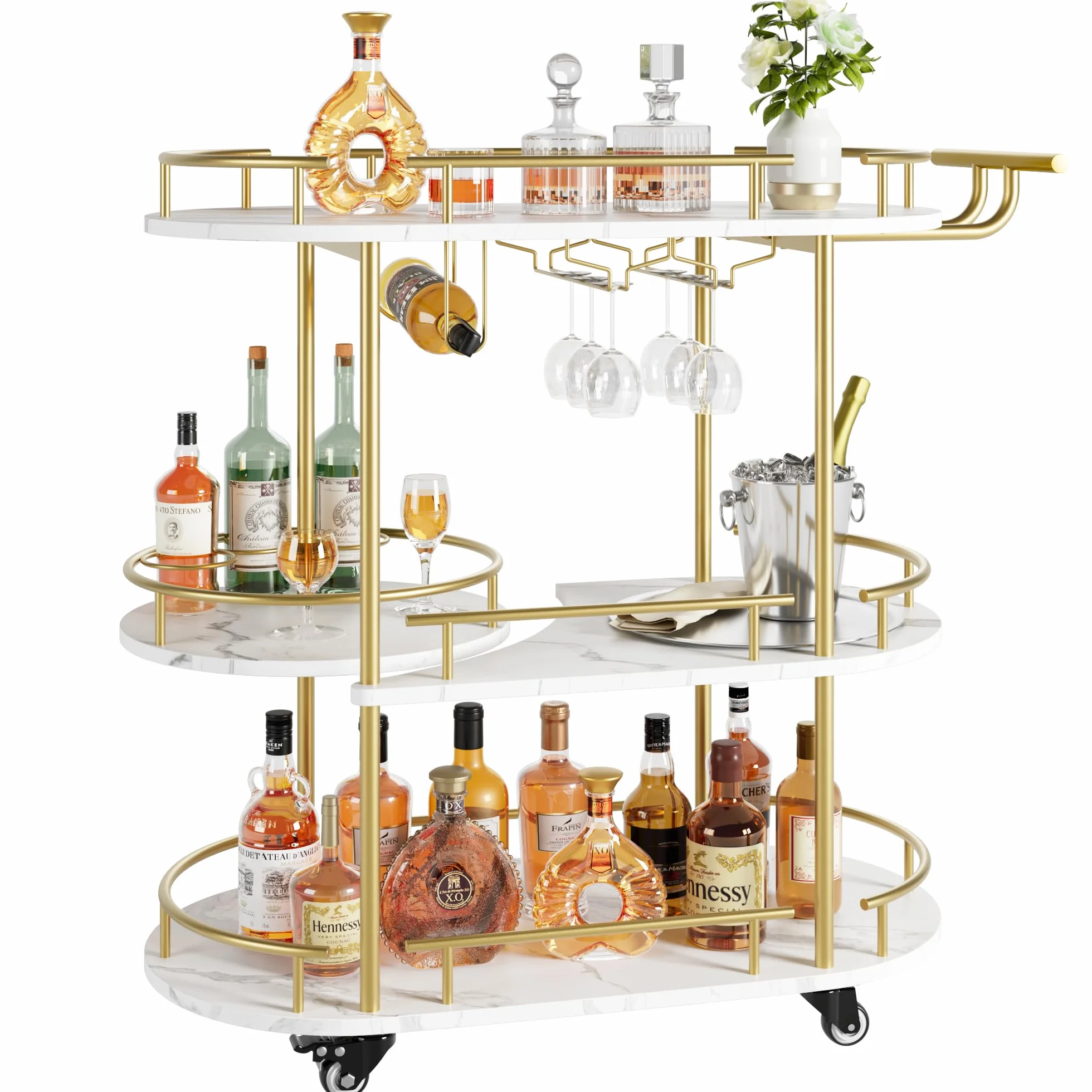 Muebles de Bar,Carros de Vino,Estante de Botellas de 3 Niveles, Ovalado, Base Blanca,Carro de deesert Estructura de Metal Dorado, construcción de gres porcelánico y Metal, Dimensiones 94 × 87 × 40 cm