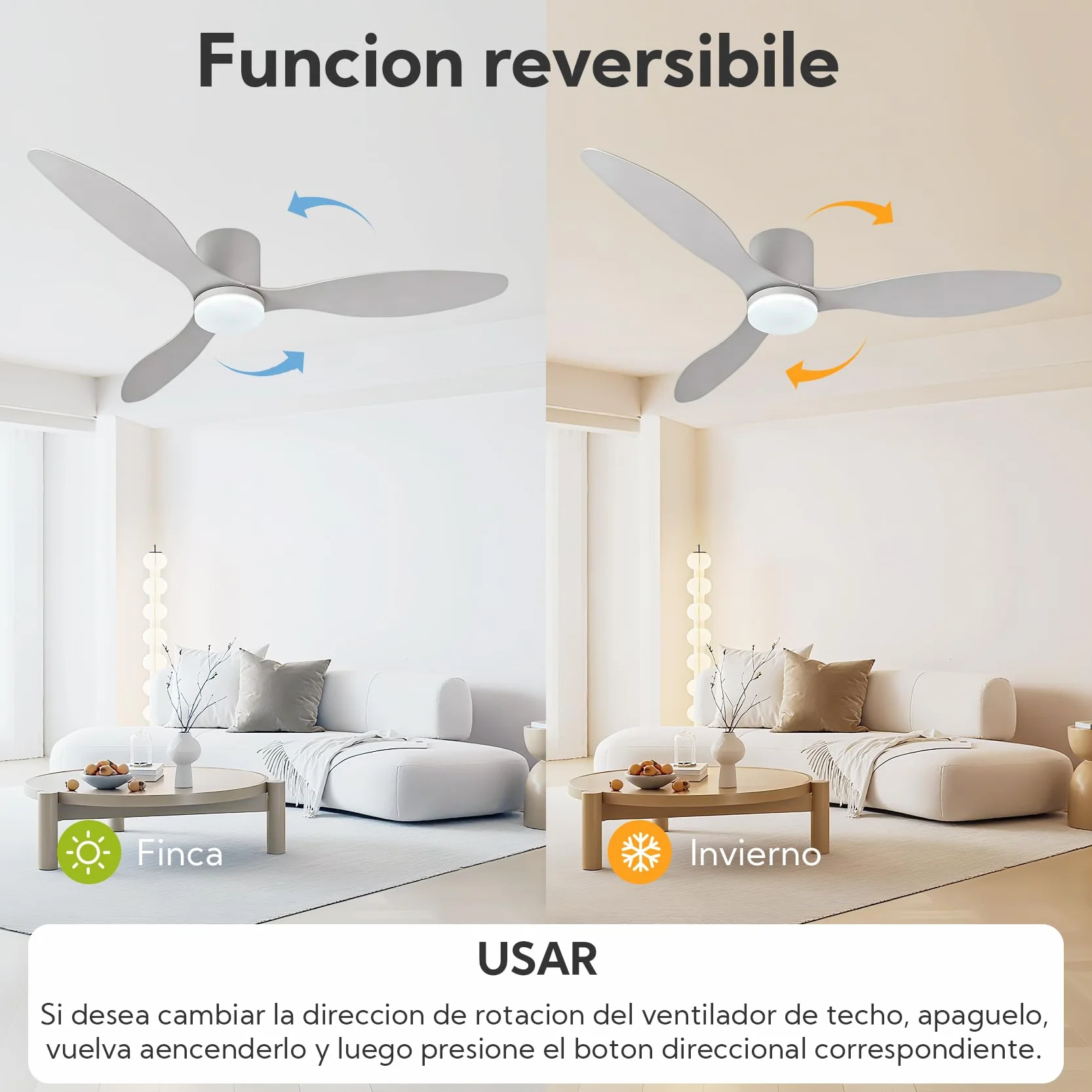 Ventilador de Techo Plástico con Luz 3 Aspas,Ø132cm 30W, LED con 3 Temperaturas de Color(3000K, 4000K, 6500K)| con Mando，6 Velocidades, Programable, Modo Verano/Invierno Blanco15㎡-20㎡