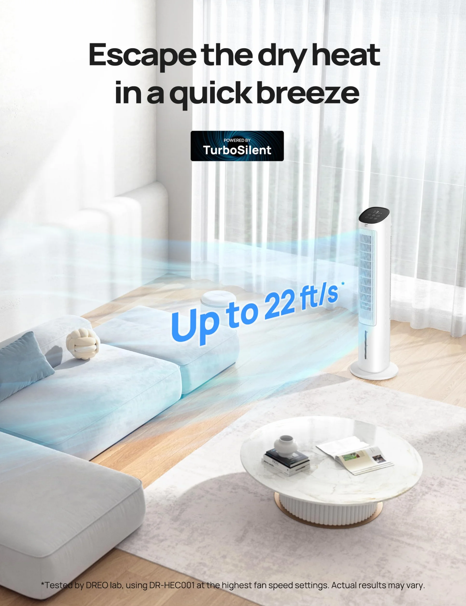 DREO Ventilador de Torre con Refrigeración, ventilador silencioso con enfriamiento por agua, enfriador evaporativo de 40 pulgadas, oscilación 80°, 3 modos, 4 velocidades, mando a distancia