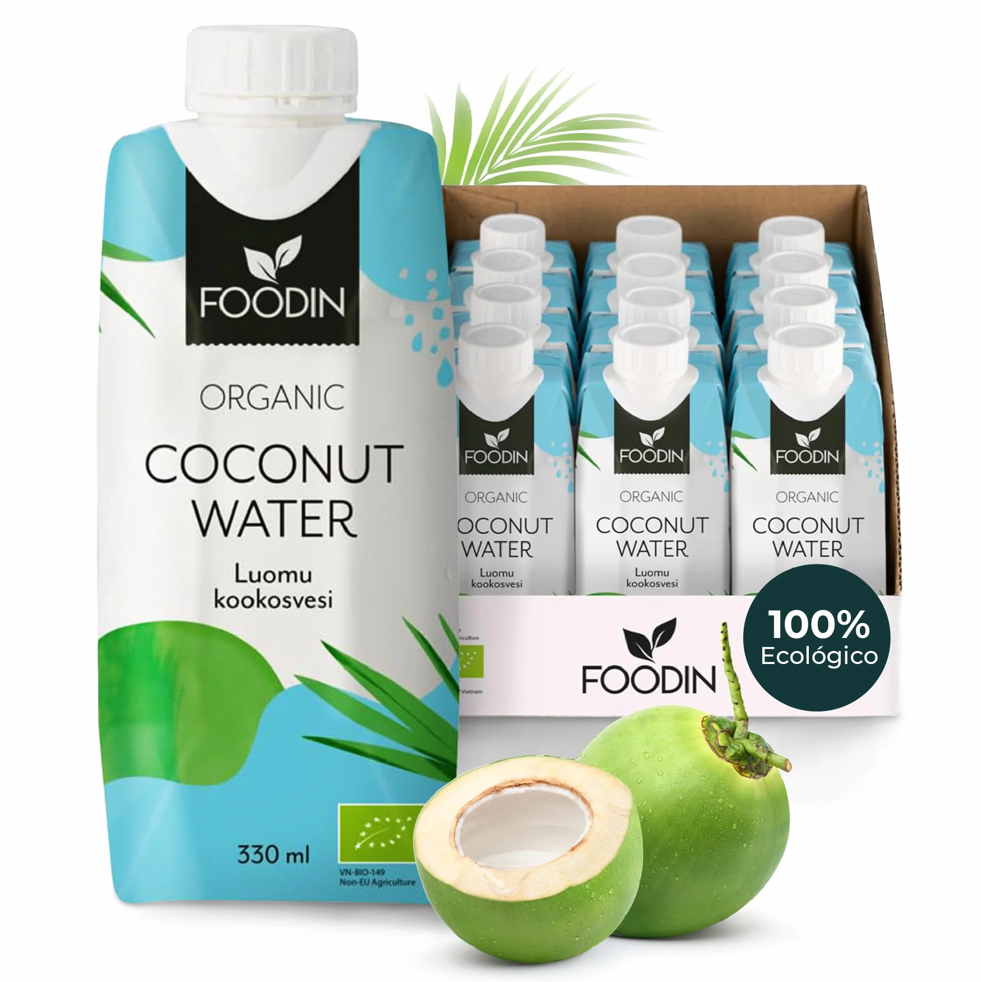 Foodin Agua de Coco Orgánica con Electrolitos, Sin Gluten, Sin OGM, Paquete de 12 (12x330ml)
