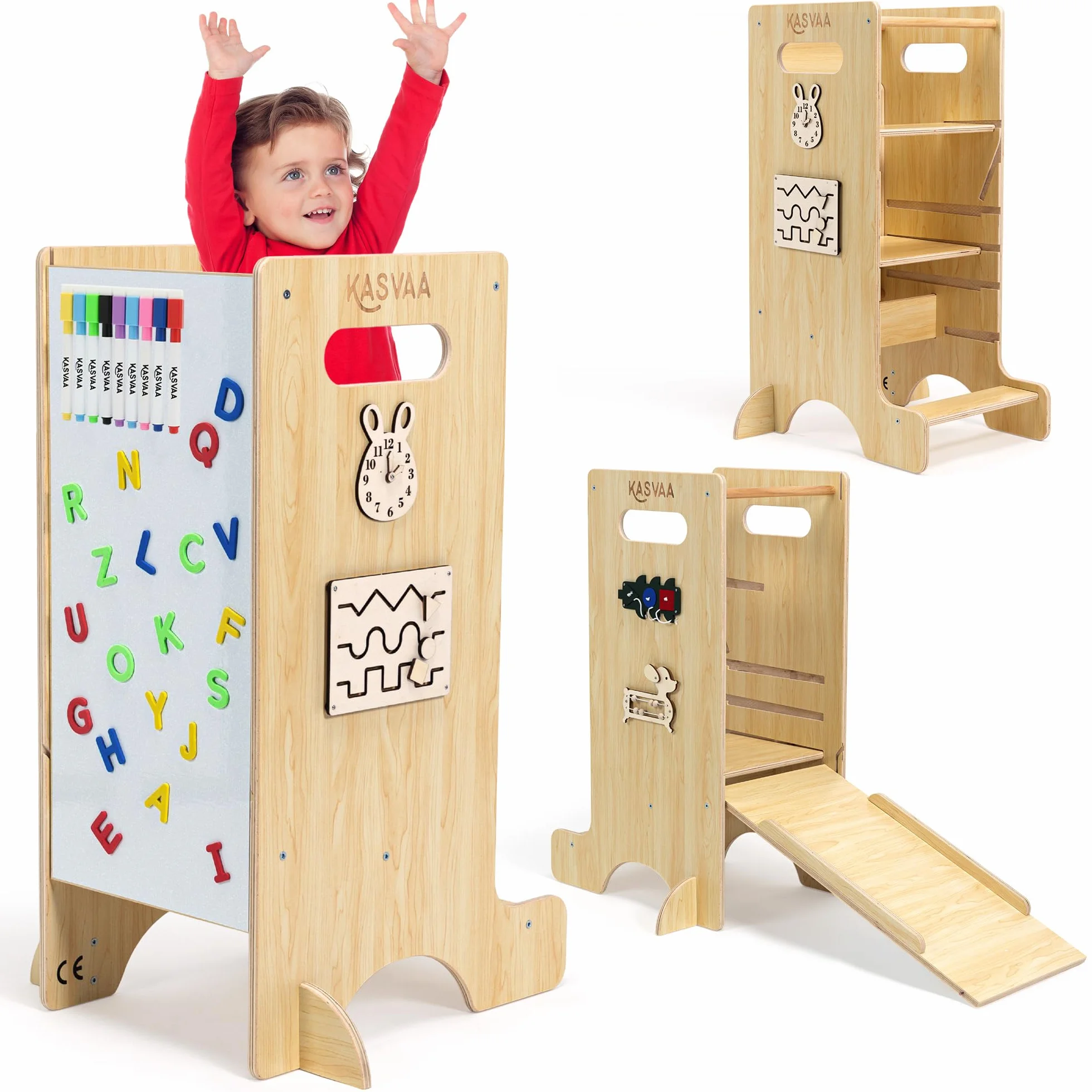 Torre de Aprendizaje Montessori 3 en 1 con Tobogán, Pizarra Magnética y 4 Juegos Laterales – Madera Multicapa, hasta 60 kg