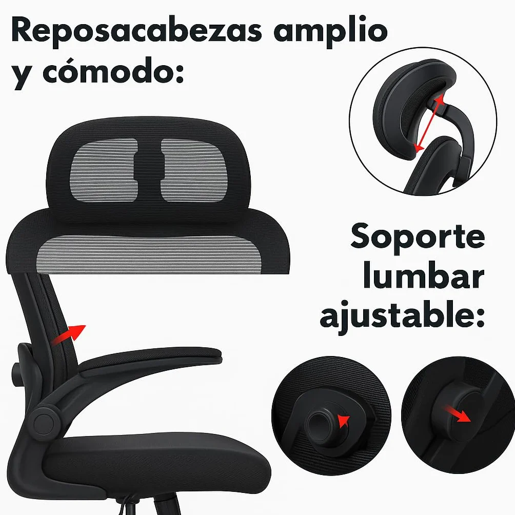 Silla de Oficina Ergonómica Giratoria con Ruedas, Malla Transpirable, Reposacabezas y Apoyabrazos Ajustable