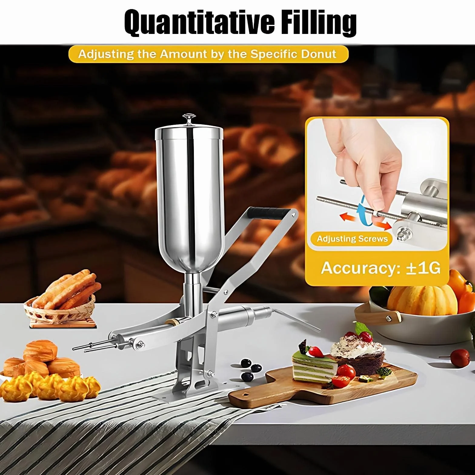 MáQuina para Rellenar Donas de 5 L,Rellenadora de Churros,Rellenadora de Crema de Acero Inoxidable 304 con 4 Tubos, inyector Profesional para Crema Mermelada y Chocolate