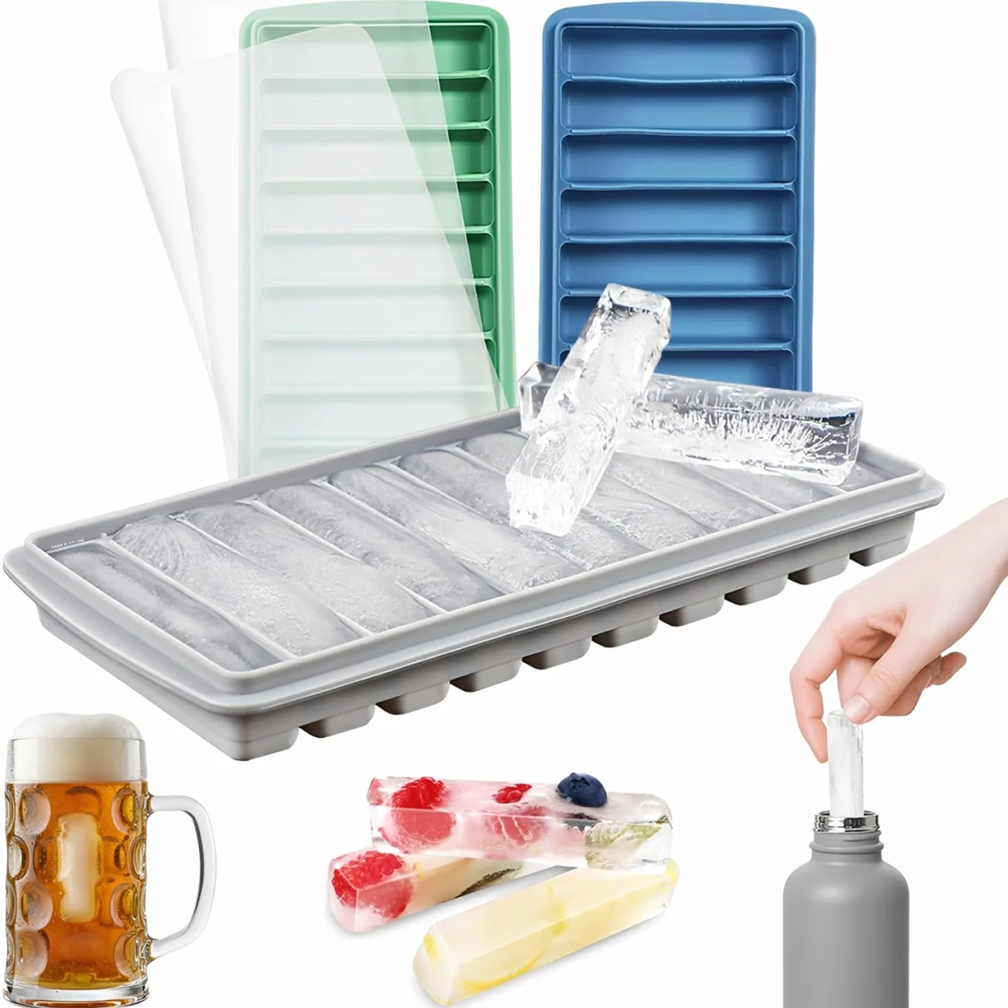 Cubiteras para Hielo con Tapa, Silicona, 30 Palitos Largos, sin BPA