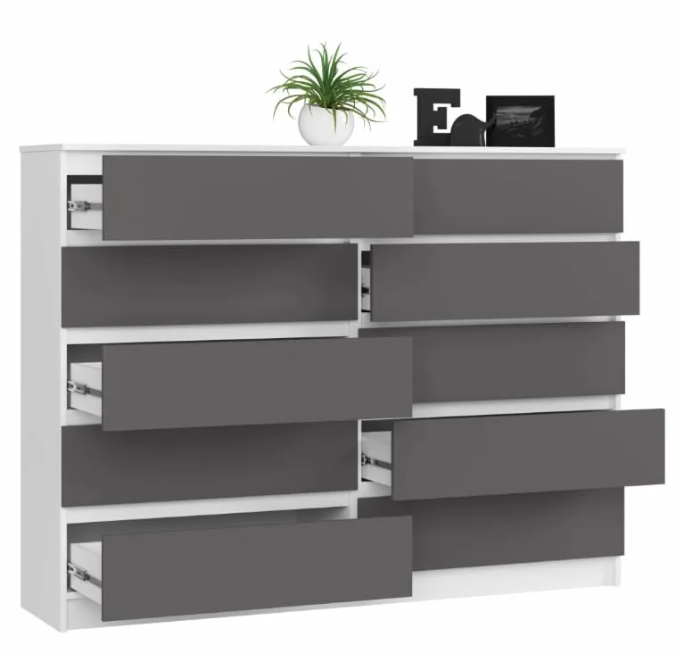 BDW: Cómoda con 10 cajones, cómoda K160, aparador, Muebles para salón, Dormitorio y recibidor, Armario de Oficina, Material Robusto y diseño Moderno - 160x40x121 cm, Blanco/Gris