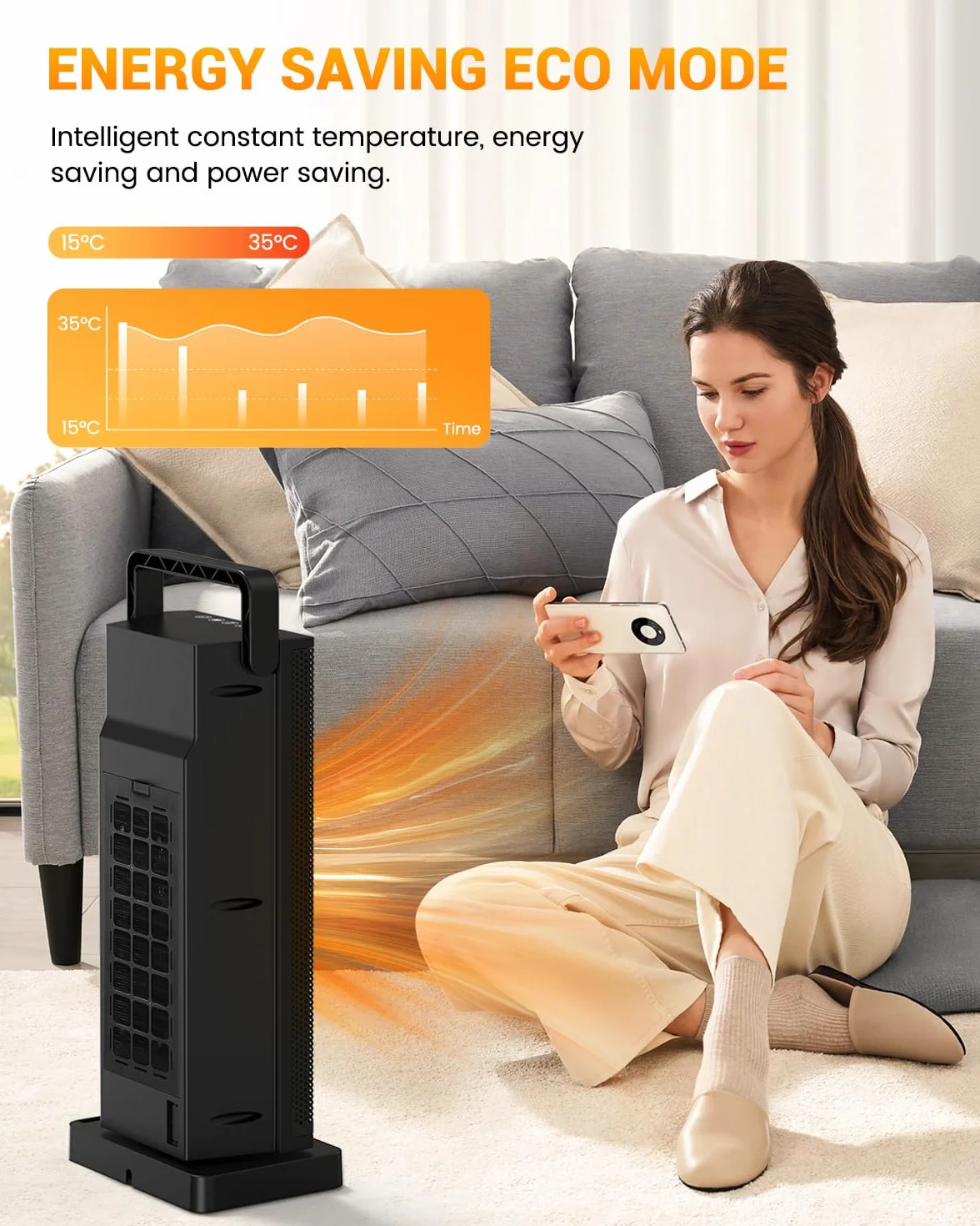 Calefactor bajo Consumo 2000 W, Calefacción Eléctrica de Cerámica, 3 Modos 60 ° Oscilante, Calentador Silencioso con Protección Contra Sobrecalentamiento y Volcado para la Oficina, Sala, Dormitorio