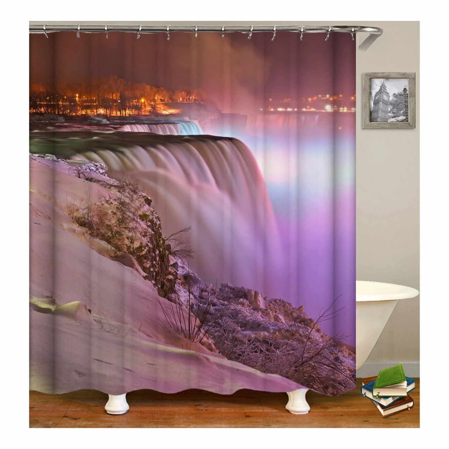 Gualiy Cortina de ducha impermeable para ventana de baño, cortina de ducha con paisaje de cascada, cortina de ducha multicolor de 165 x 200 cm