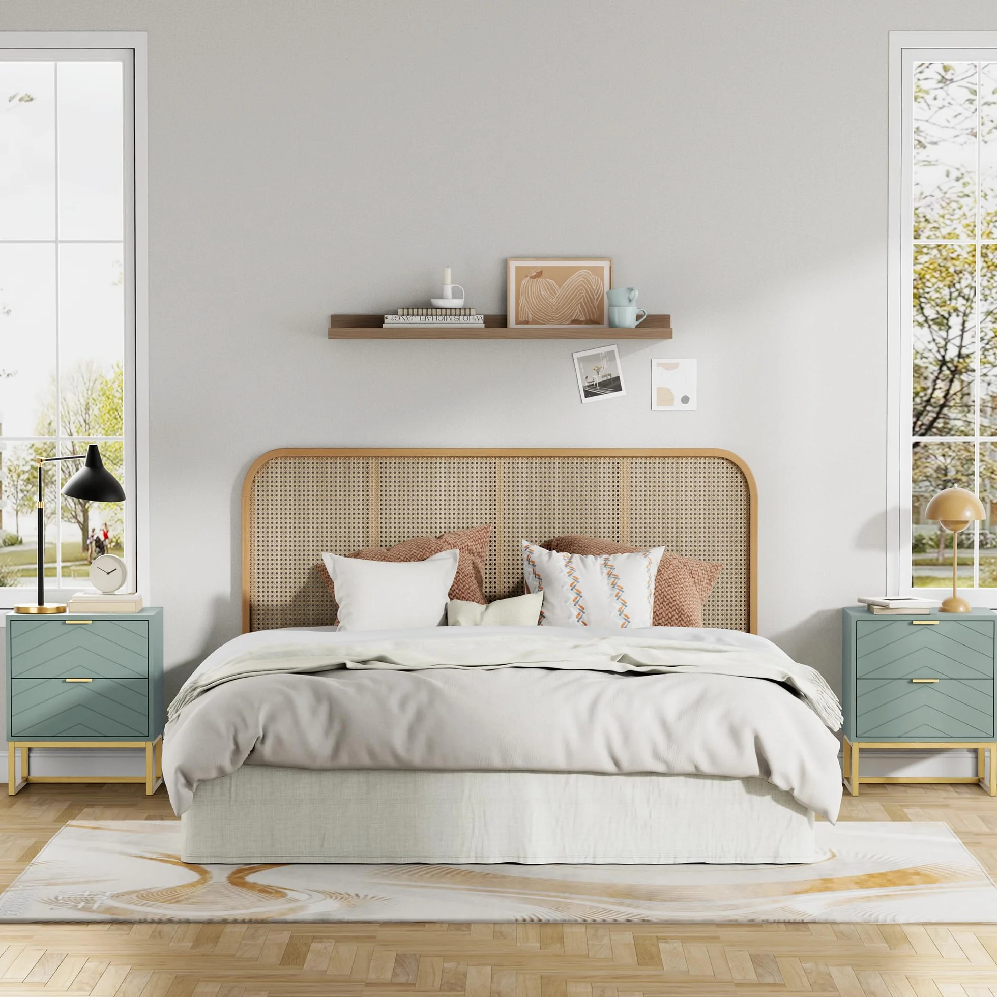 UEV Juego de 2 Mesillas de Noche con Diseño en V, Muebles de Dormitorio con Asas y Patas de Metal, Mesilla de Noche Moderna y Estable, 46 x 33,5 x 56,5 cm, Verde