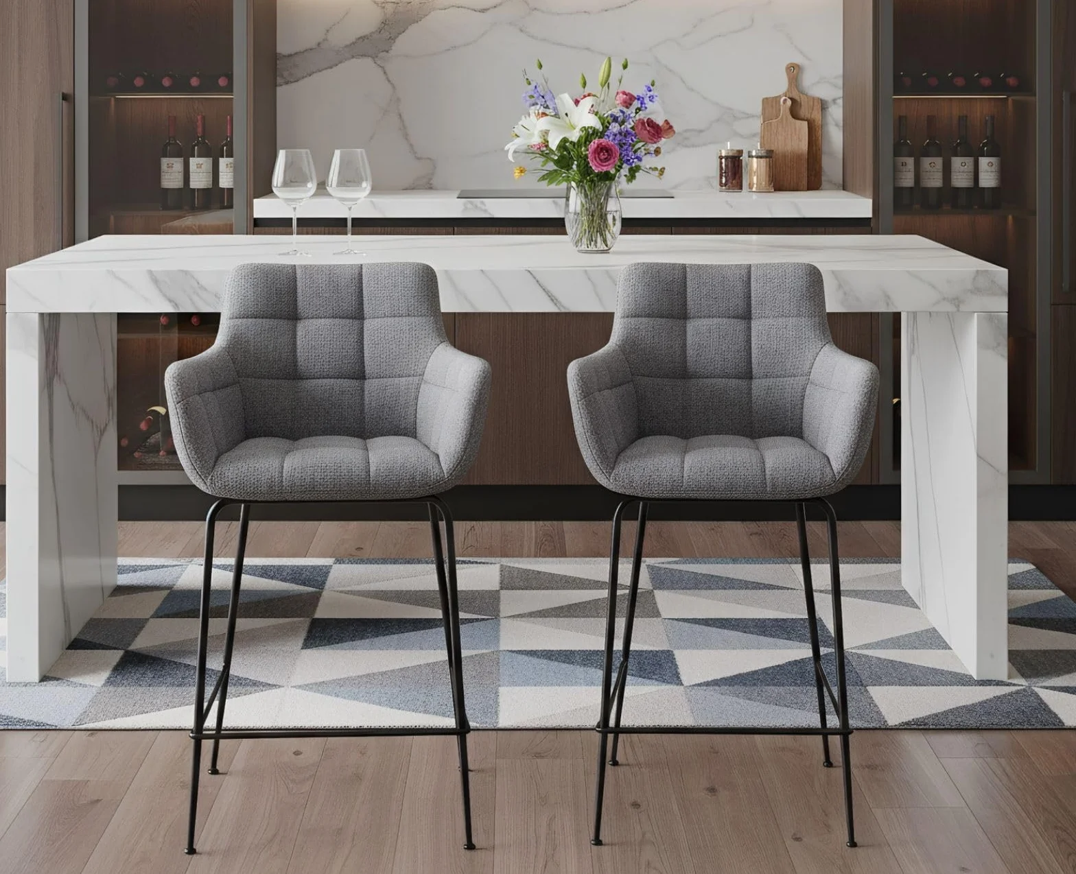 Taburetes de Bar Tapizado en Tejido de Toalla, Juego de 2, Sillas Altas Modernas con Brazos, Gris