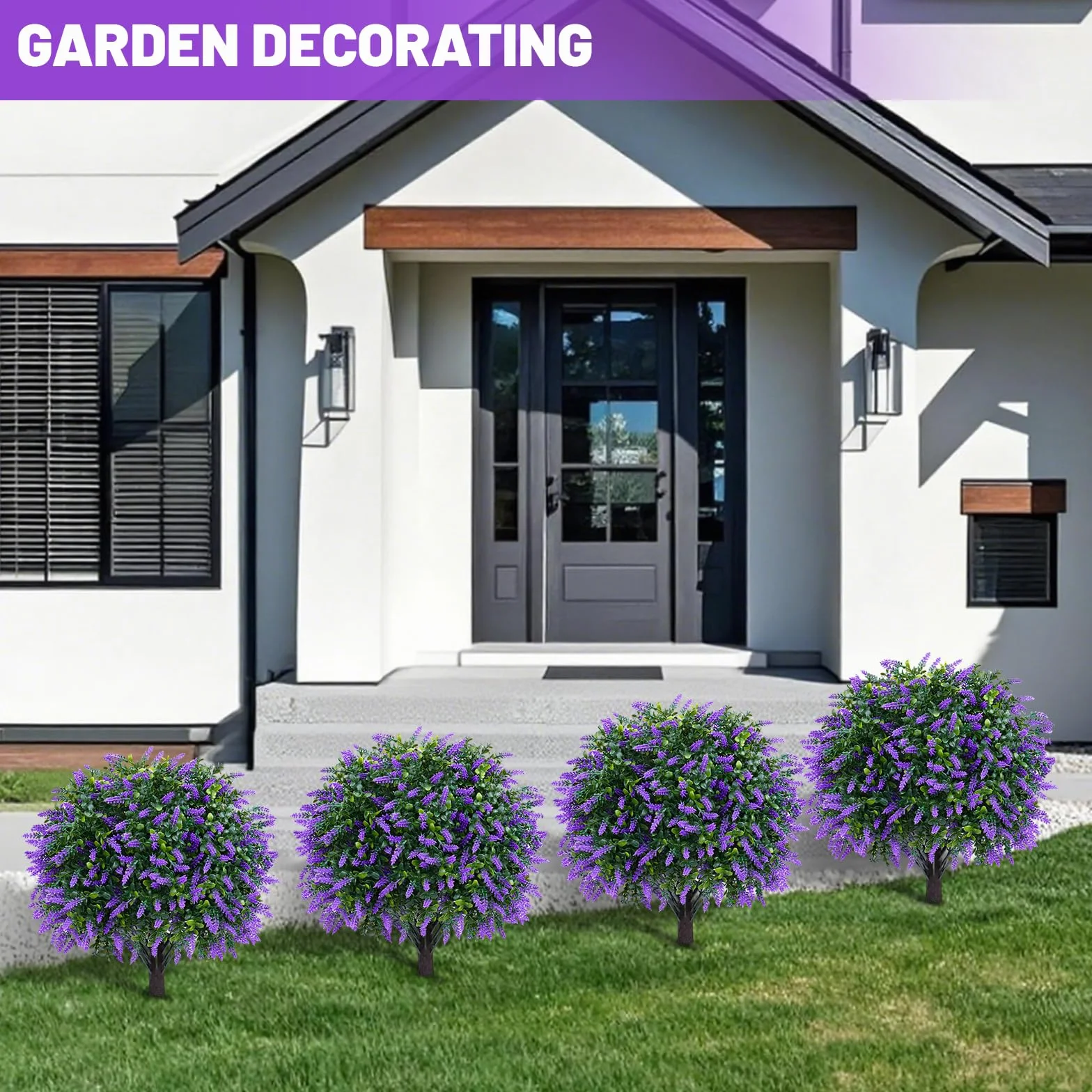 2 bolas topiarias artificiales de lavanda con estaca para el suelo, árbol artificial resistente a los rayos UV para decoración de interiores y exteriores, plantas artificiales para jardín, porche
