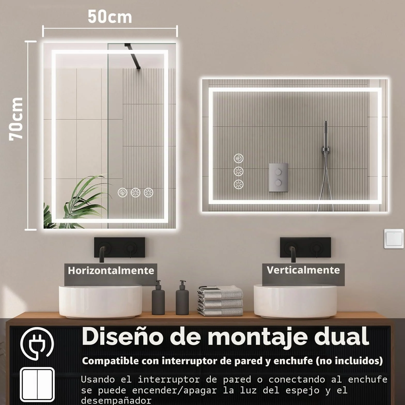 Espejo Baño con Luz 50x70cm LED Antivaho Regulable 3 Colores Luz Función Memoria