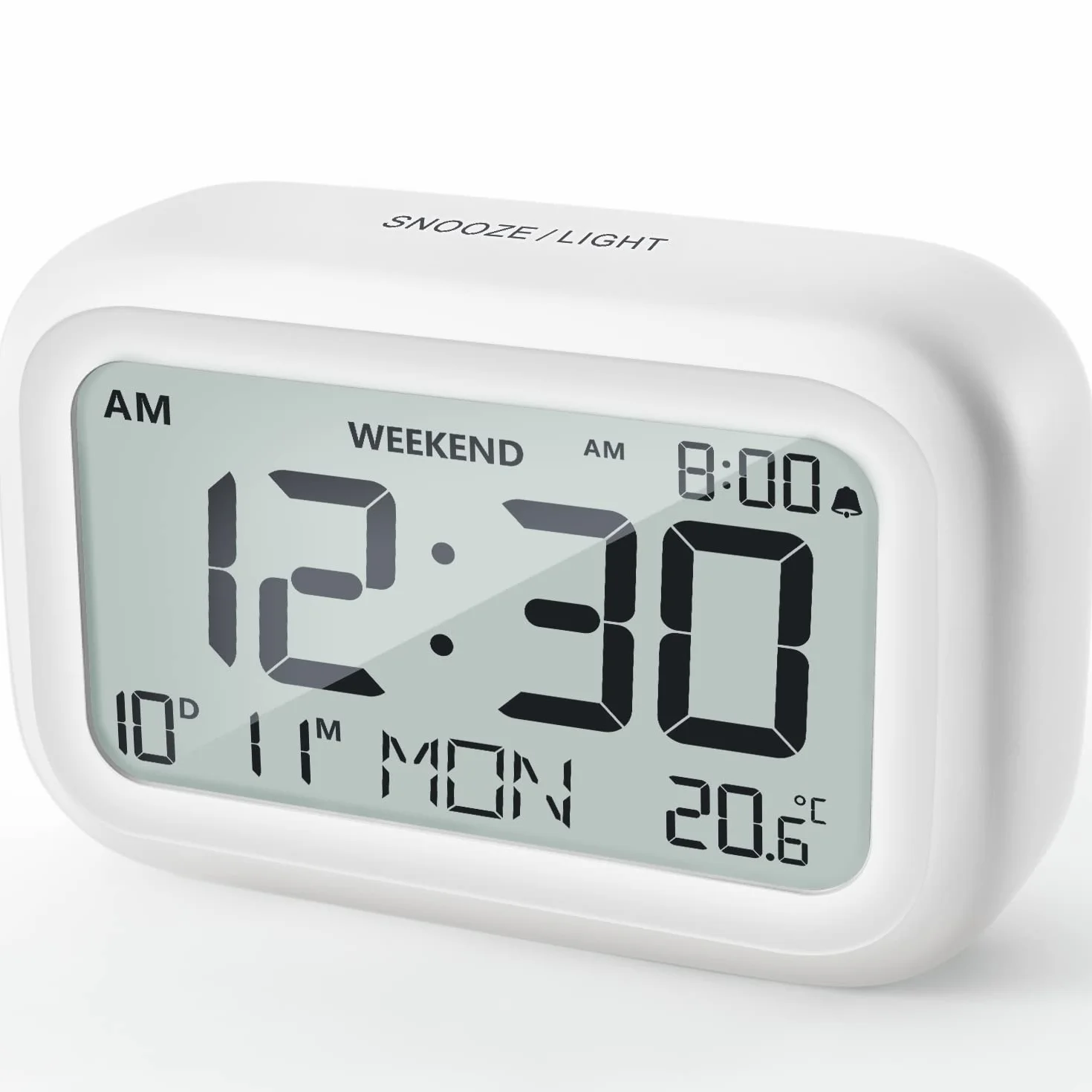 Doomay Despertador Digital de Mesita de Noche Reloj con Batería Pantalla LCD Volumen Ajustable Modo Fin de Semana Dormitorio Escritorio Viajes D-White