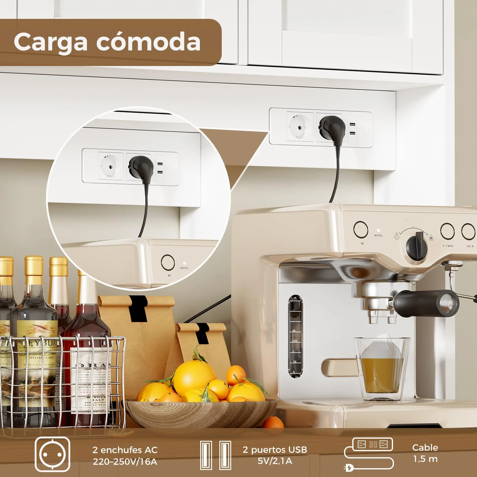 BEWISHOME Alacena de Cocina, Mueble Cocina Auxiliar con LED y Enchufes USB, Armario Cocina Alto con 5 Puertas y 3 Cajones, Estantes Regulables, para Cocina, Comedor o Salón, 100x40x180 cm, Blanco