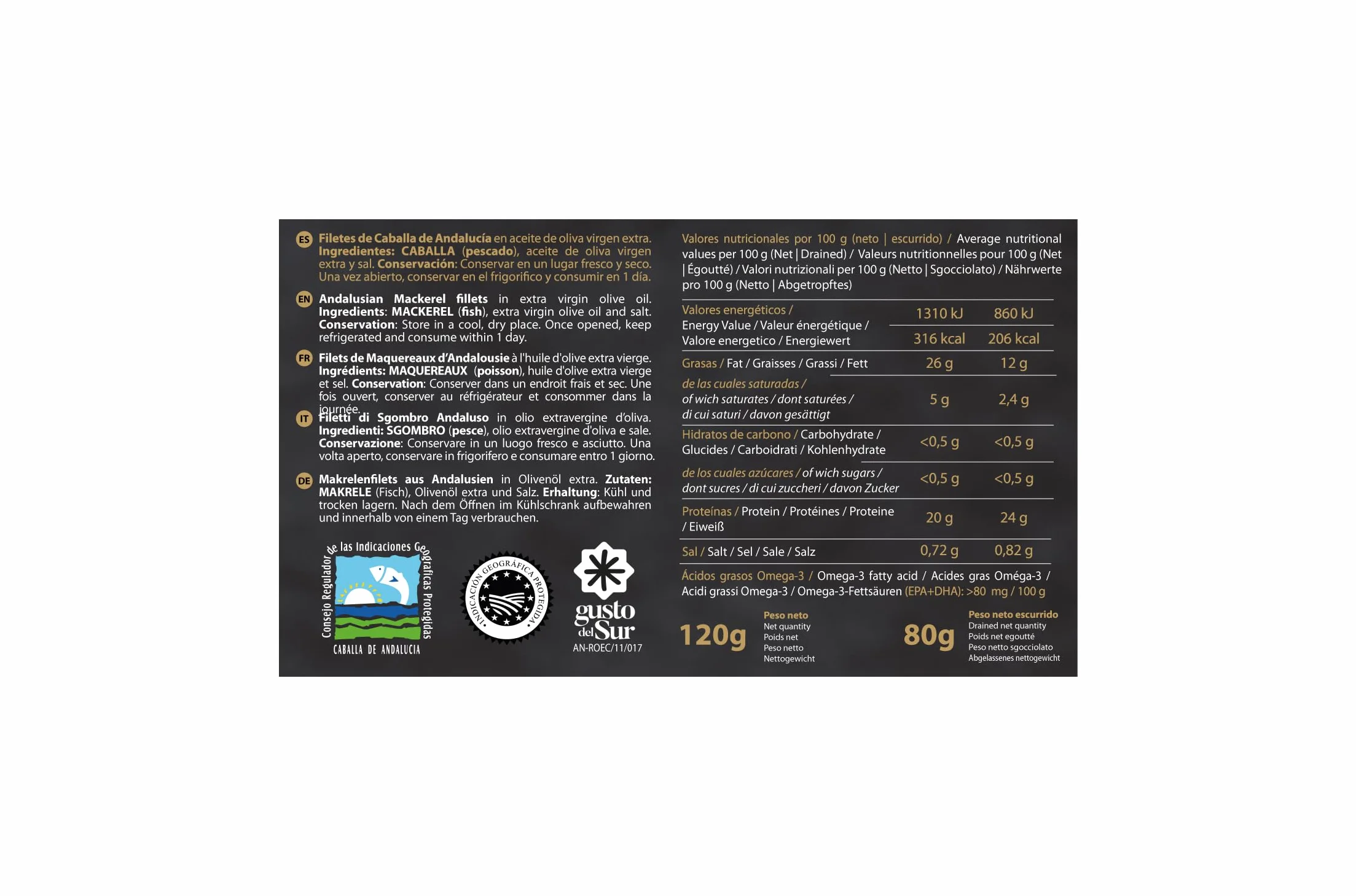 Conserva de Pescado Filetes de Caballa en Aceite de Oliva Virgen Extra Pack de 5 Latas 120g